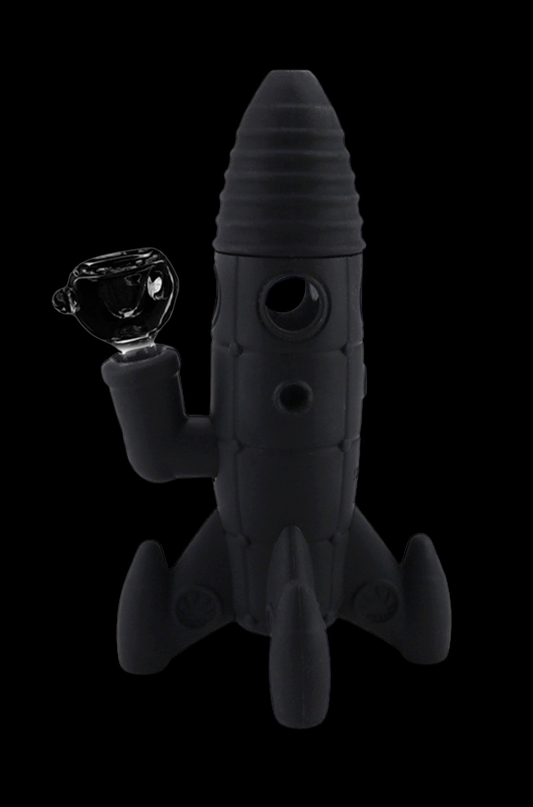 Black silicone rocket ship-shaped water pipe with glass bowl.