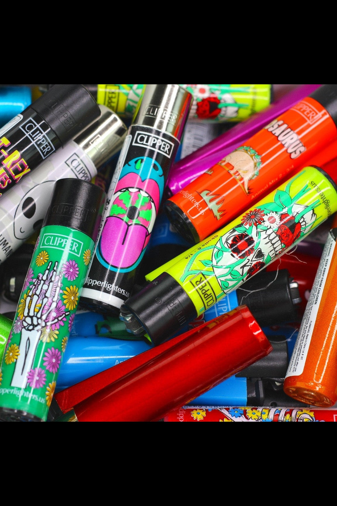 A colorful assortment of Clipper lighters with vibrant, psychedelic designs, scattered on a patterned surface.