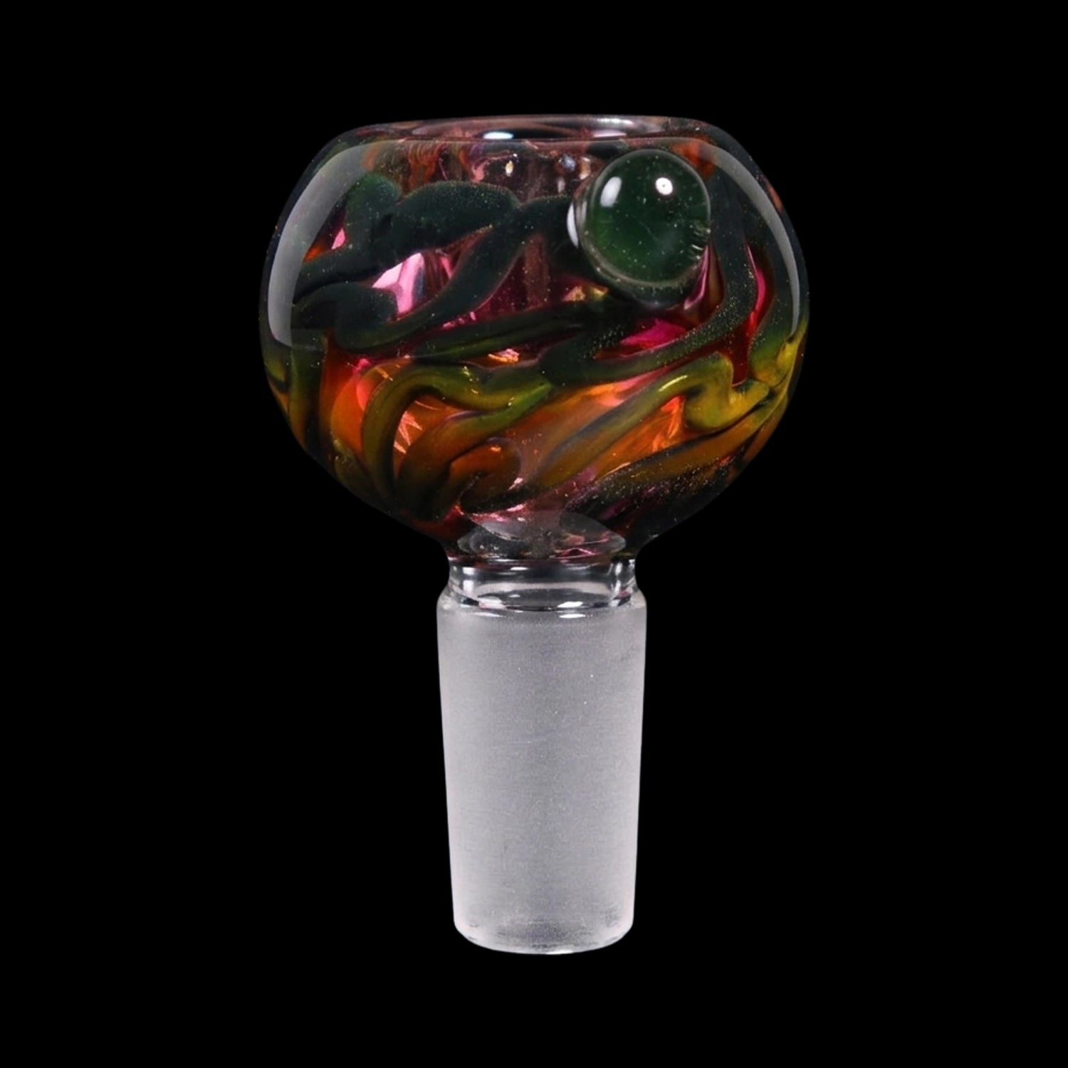 Close-up front view of the Smoke Cartel Pink Swirl Bowl - 14mm showing a glossy pink and amber swirled glass head with a green marble accent on a frosted 14mm joint
