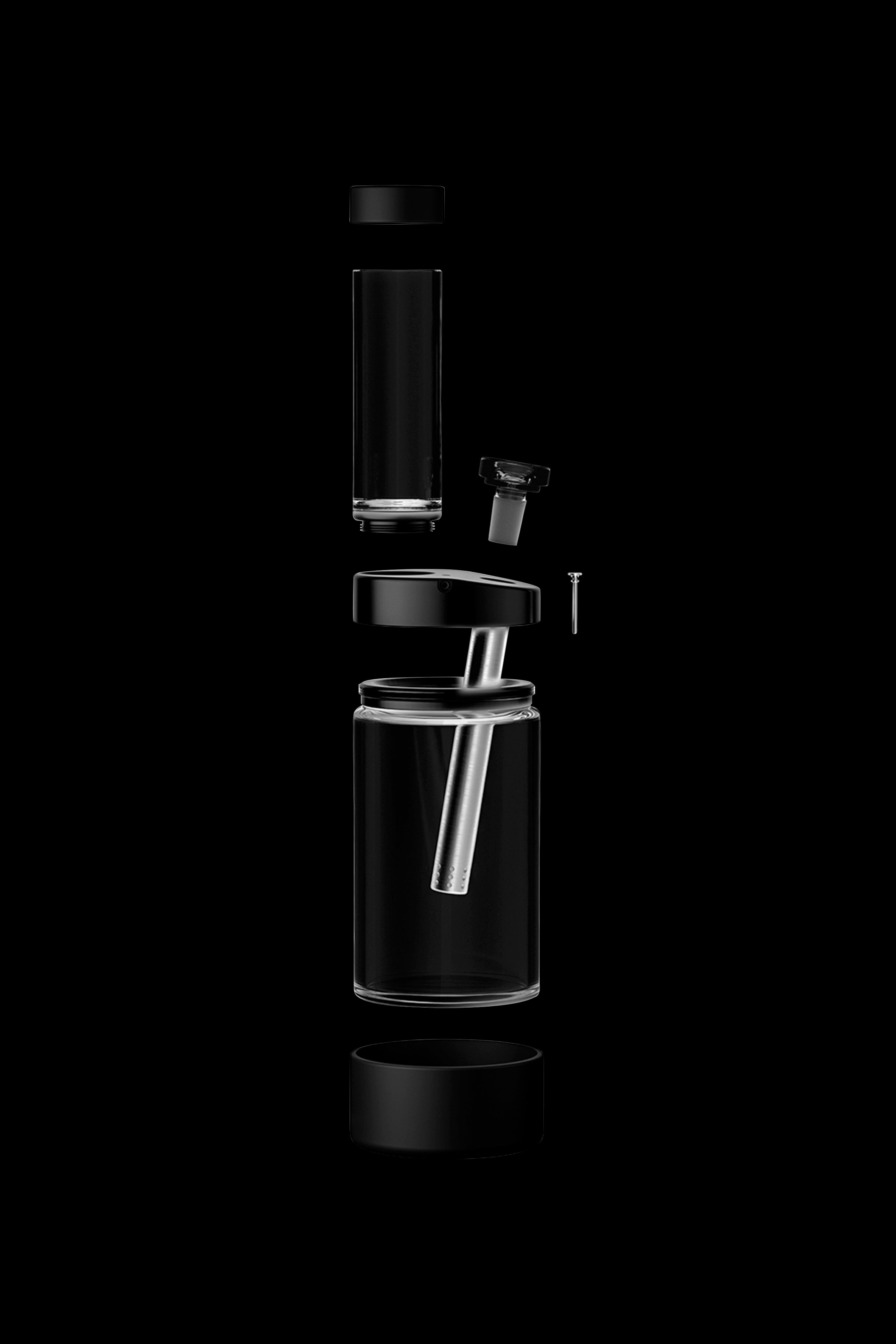 Exploded view of a glass cannabis oil rig, showcasing its disassembled components against a black background.