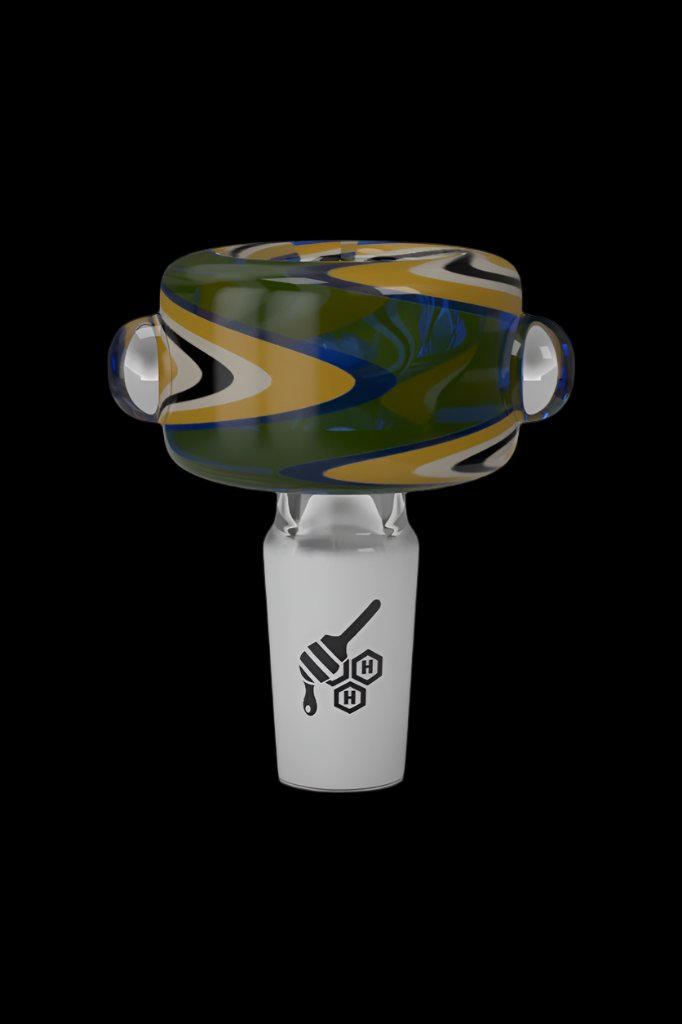 Hand-blown glass cannabis bowl with swirling amber, olive, and blue patterns.