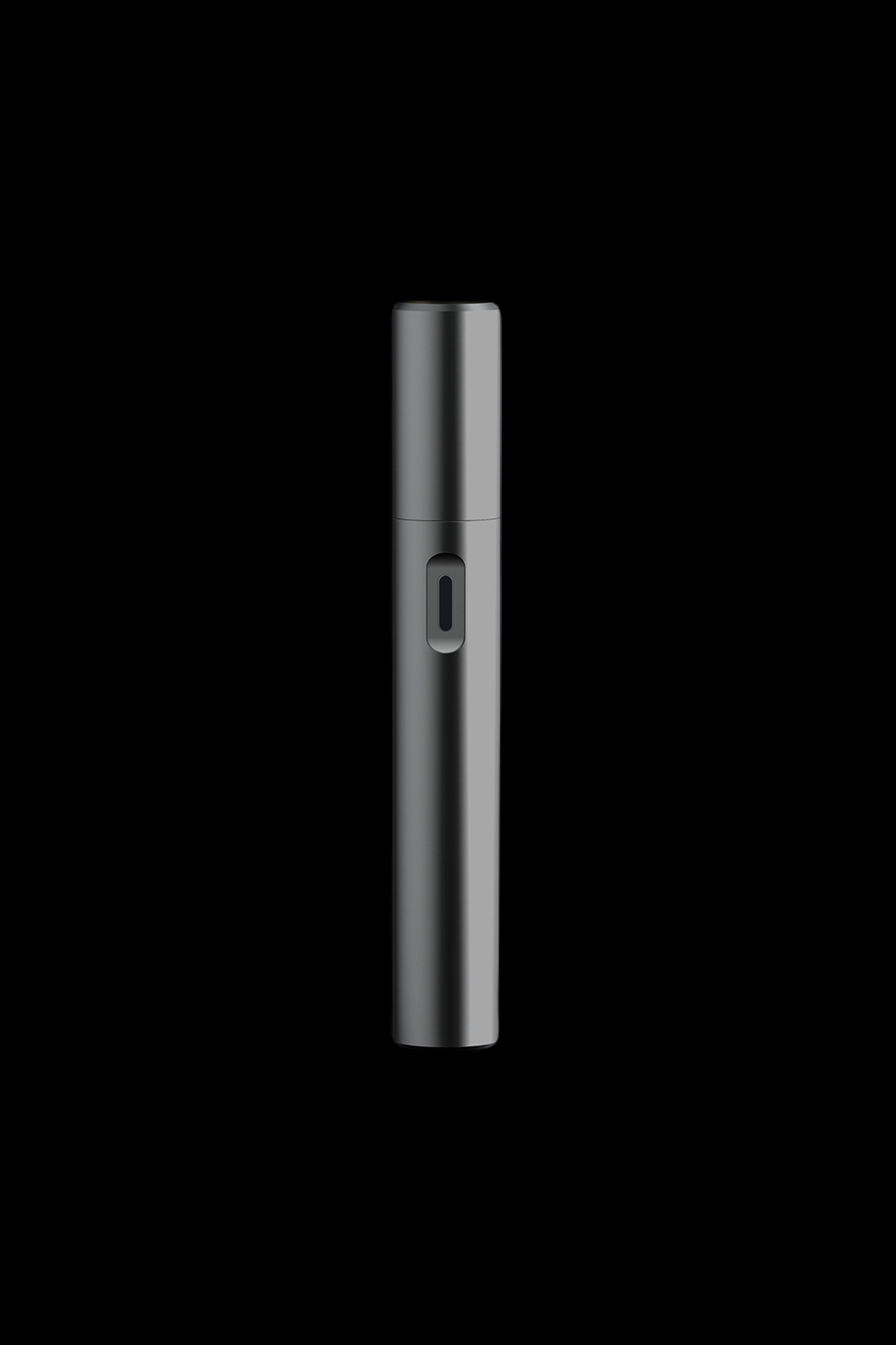 Sleek, silver cannabis vape pen isolated on a black background.