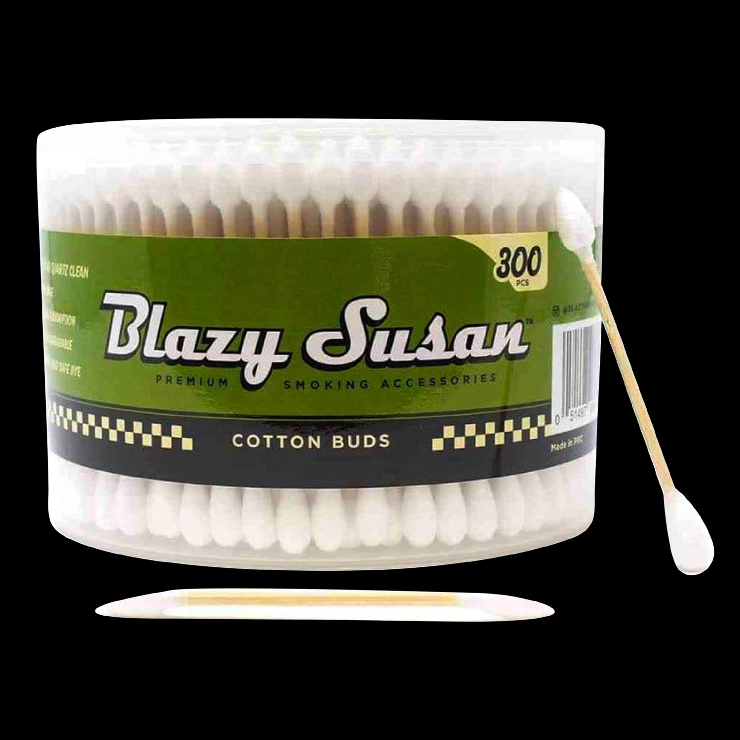Close-up front view of a round tub of Blazy Susan White Cotton Buds - 300 Count with white cotton tips visible through clear plastic and a green label.