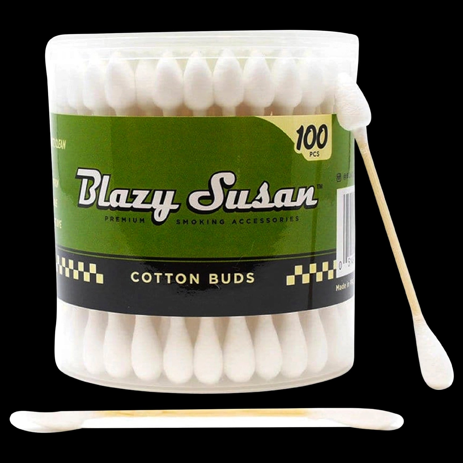 Close-up front view of a clear tub of Blazy Susan White Cotton Buds - 100 Count with upright white cotton tips visible against a black background.