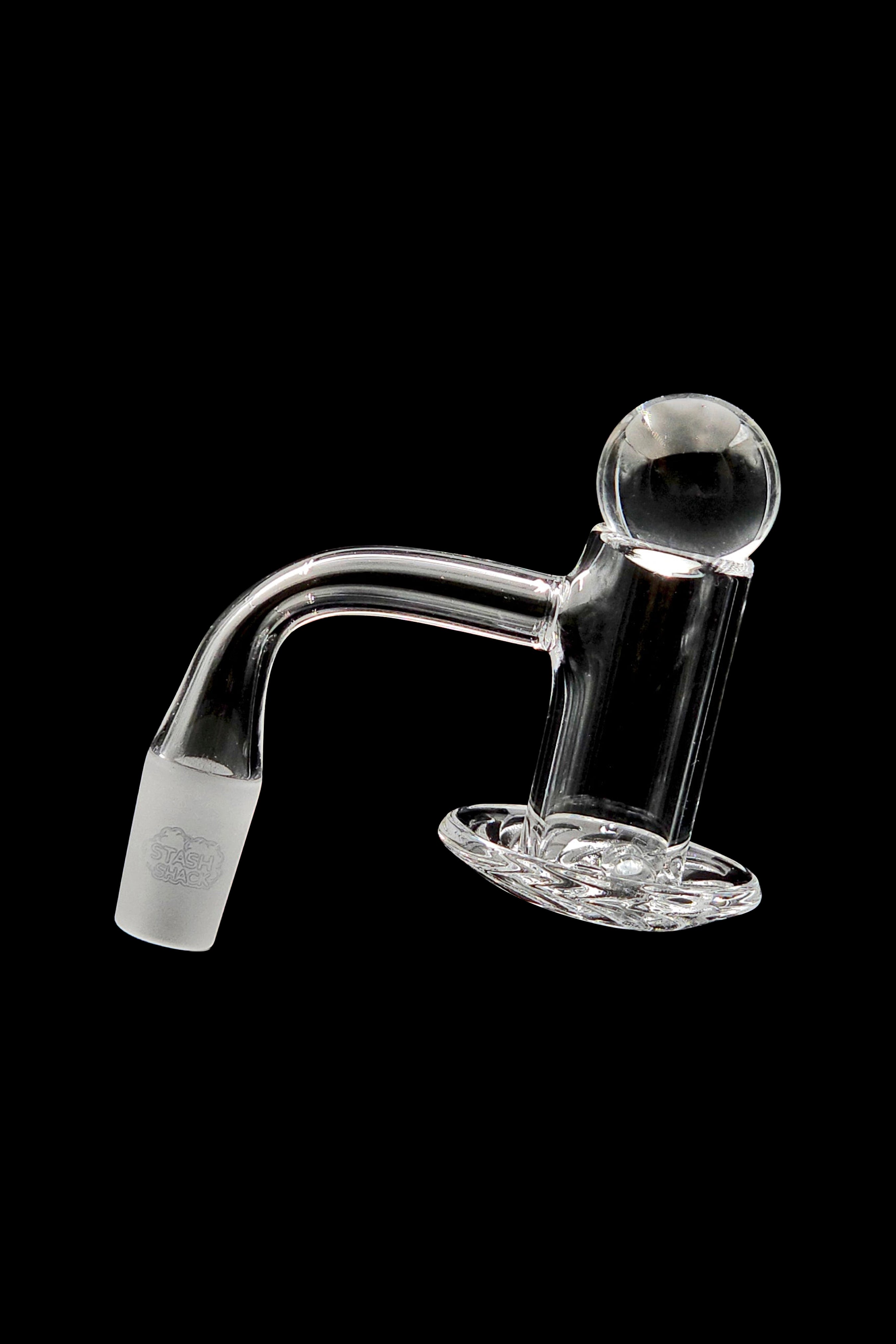 Clear quartz dab rig nail with a rounded tip and patterned base, isolated on a black background.