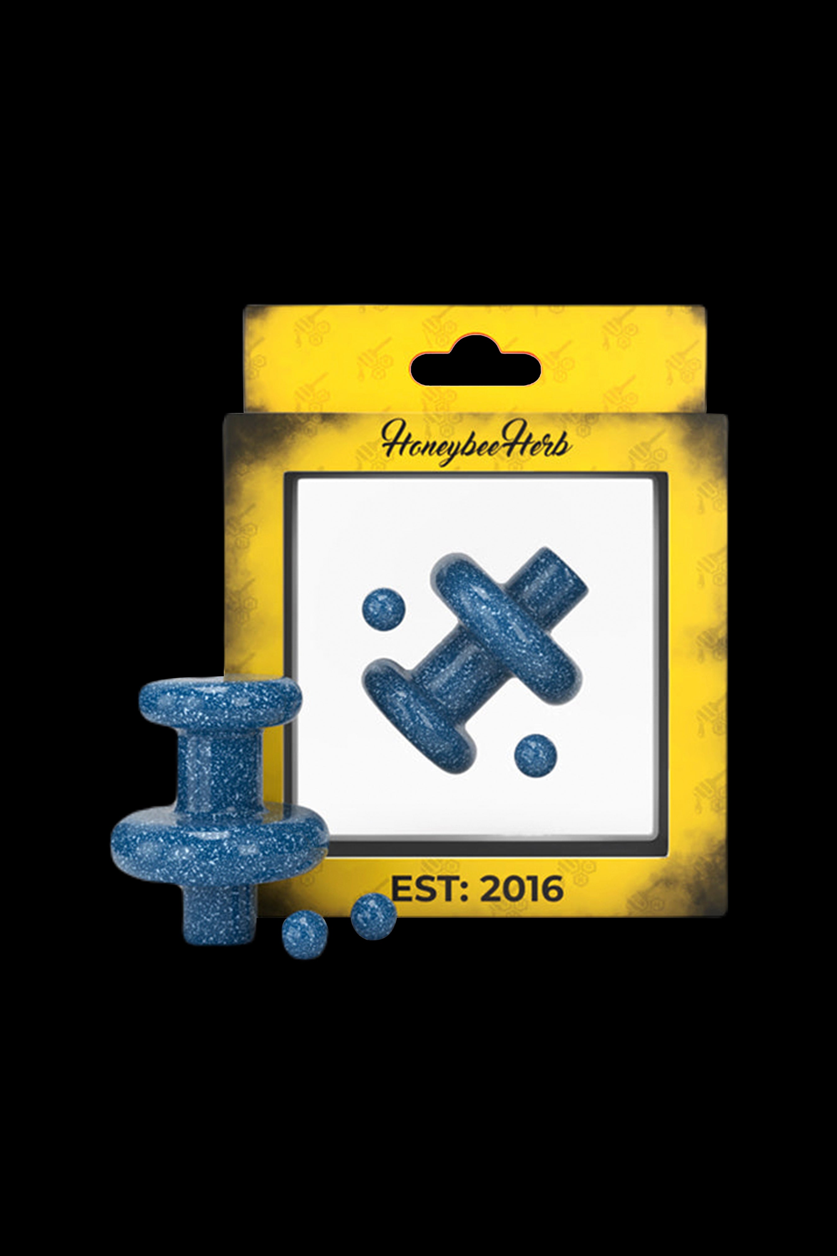 Package of blue cannabis-infused gummy candies labeled "HoneybeeHerbs EST: 2016."