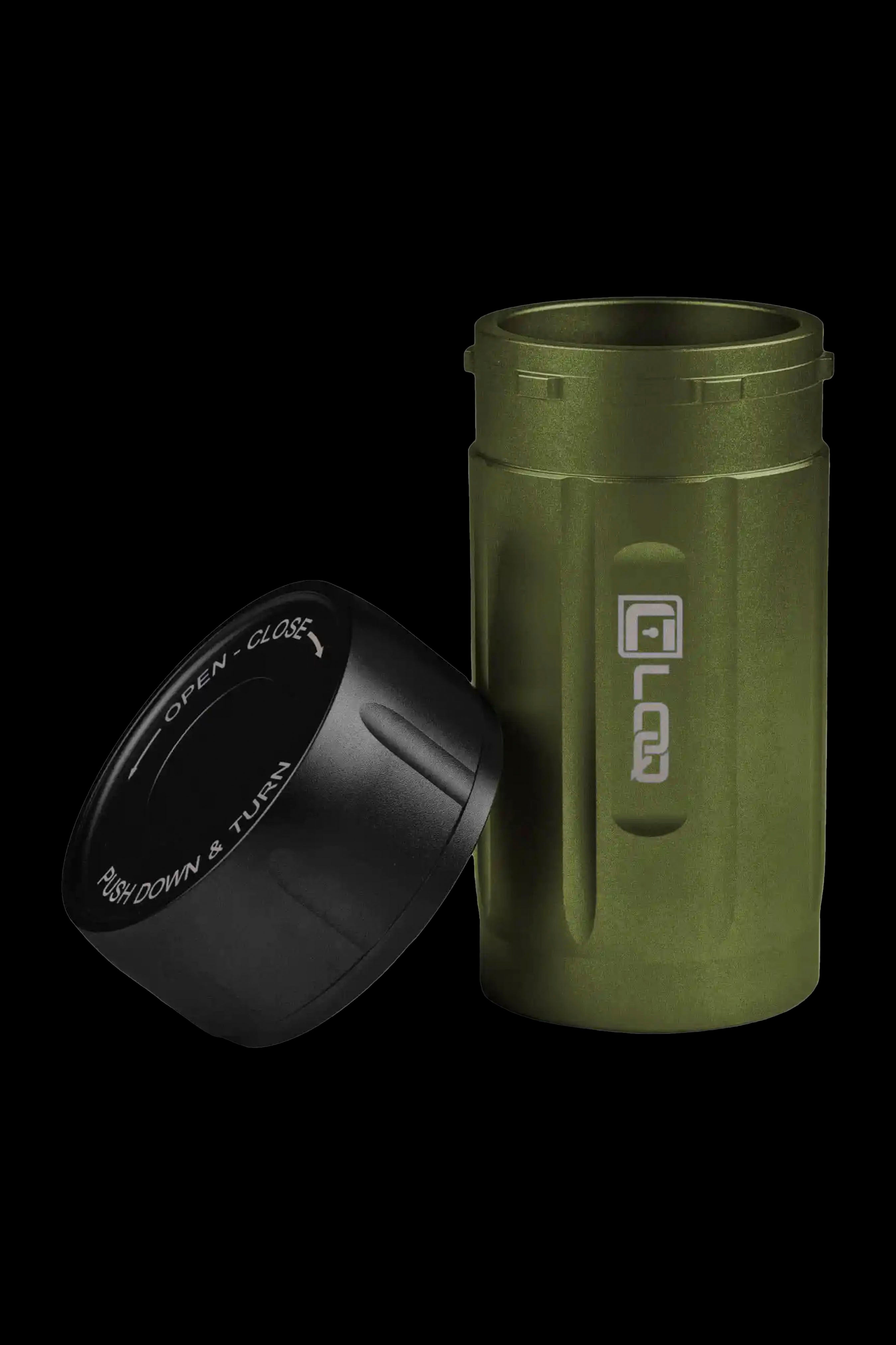 Olive green, air-tight cannabis storage container with a child-resistant twist-and-turn lid.