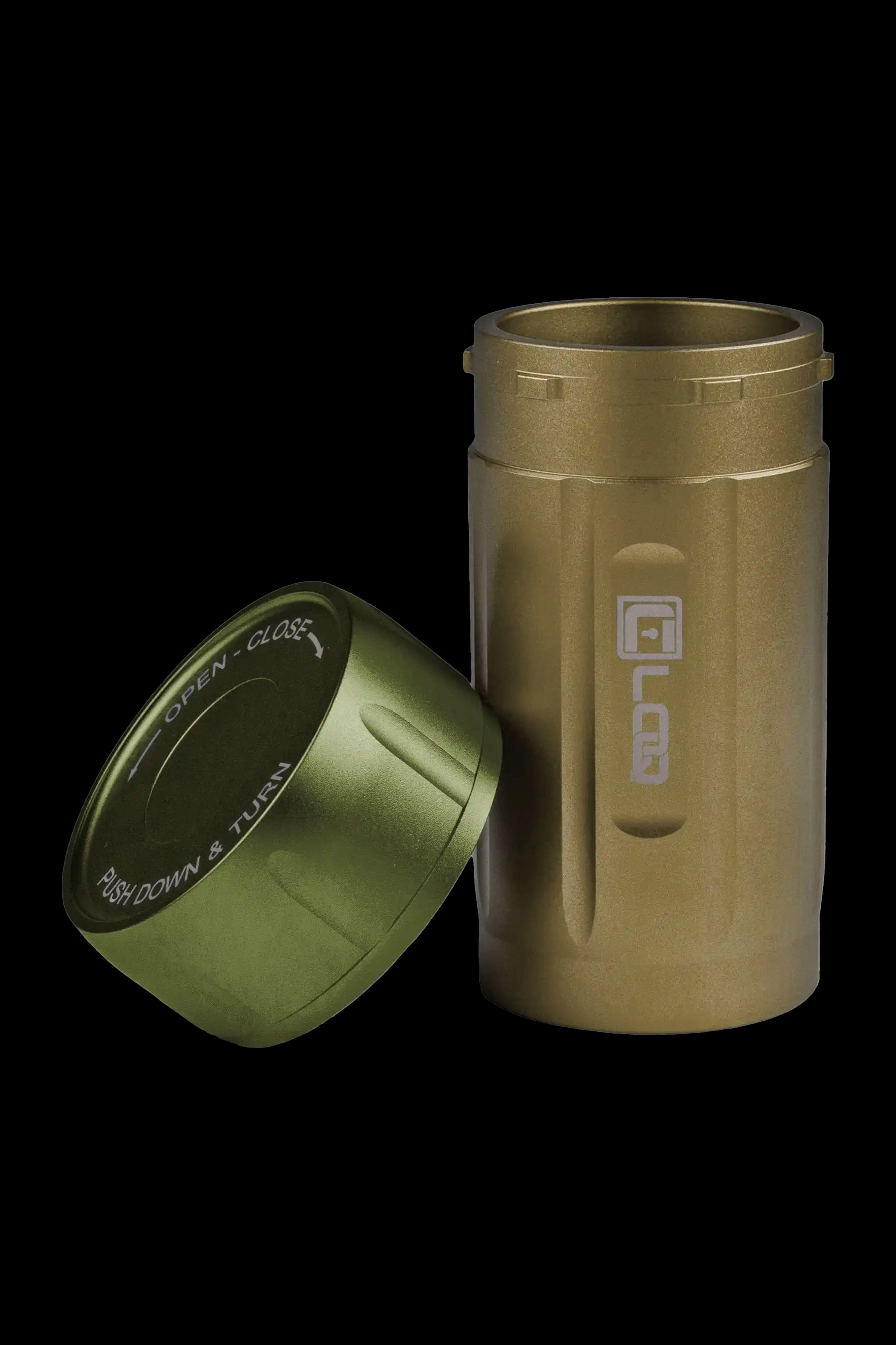 Olive green, air-tight cannabis storage container with a twist-top lid, displaying "OPEN - CLOSE" and "PUSH DOWN & TURN" instructions.
