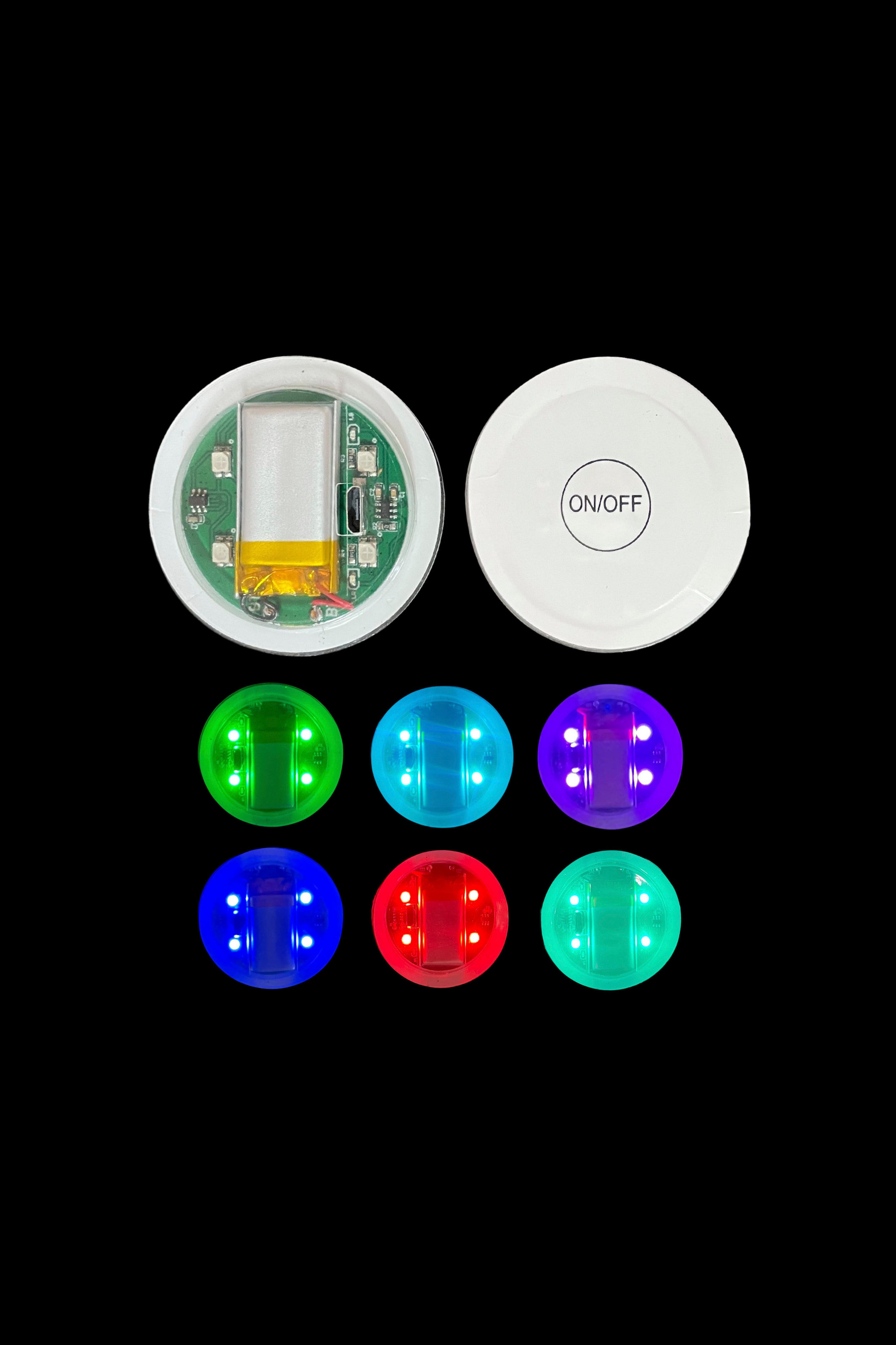 LED coaster with color-changing lights, displayed with various illuminated color options.