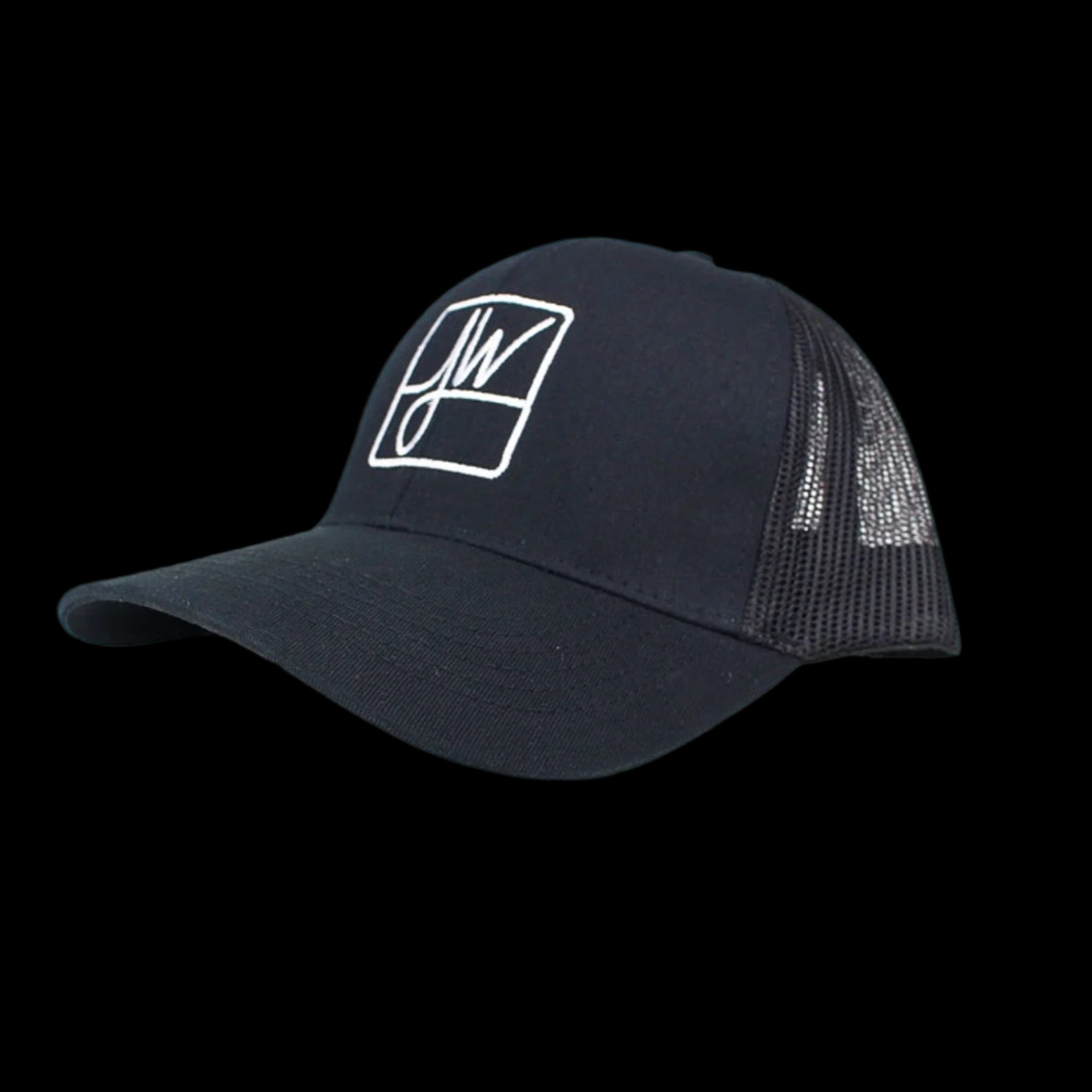 Black trucker hat with a white logo resembling cannabis leaves inside a square.
