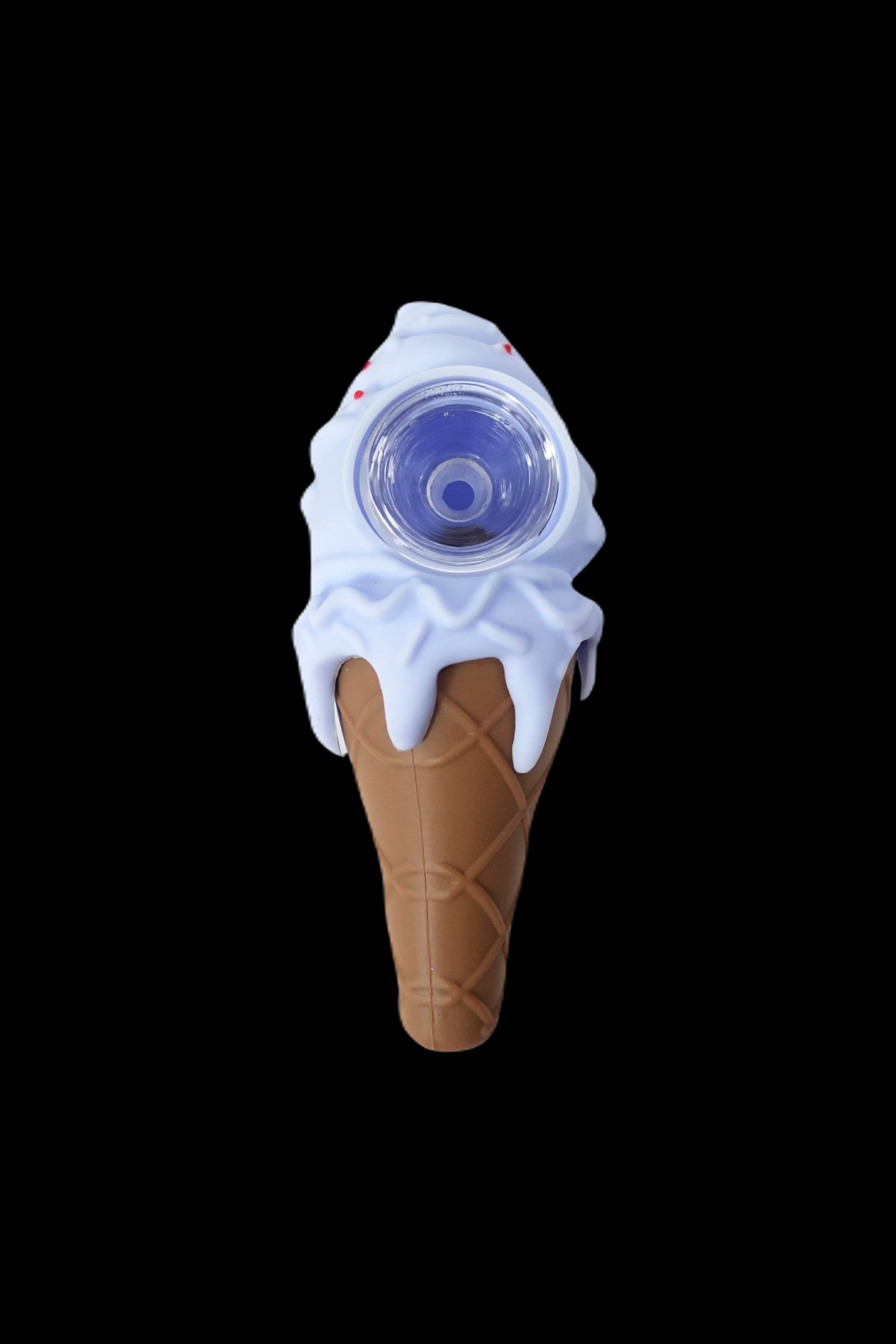 Glass pipe shaped like an ice cream cone against a black background.