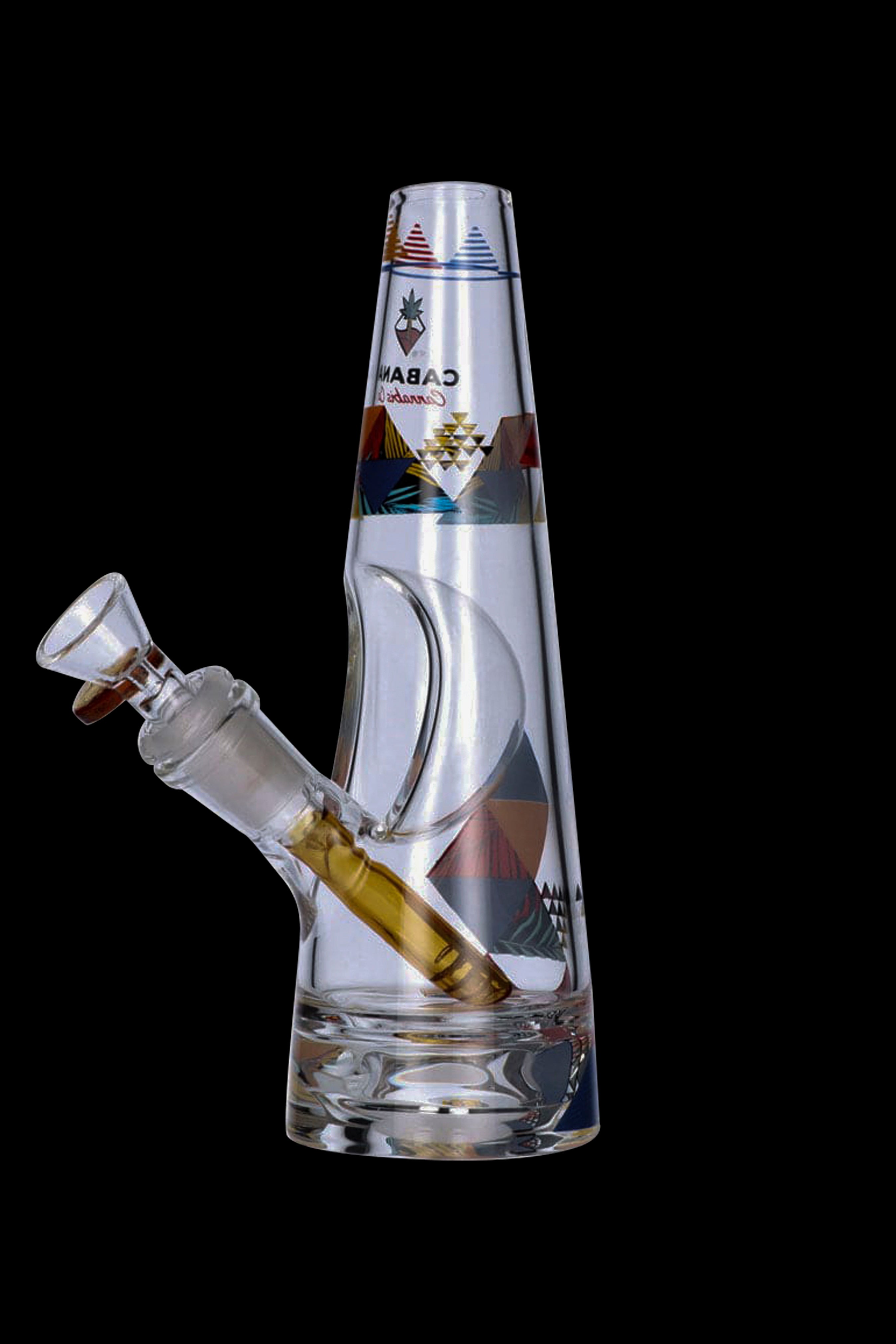 Clear glass water pipe with colorful patterned accents and a detachable mouthpiece, studio shot on a black background.