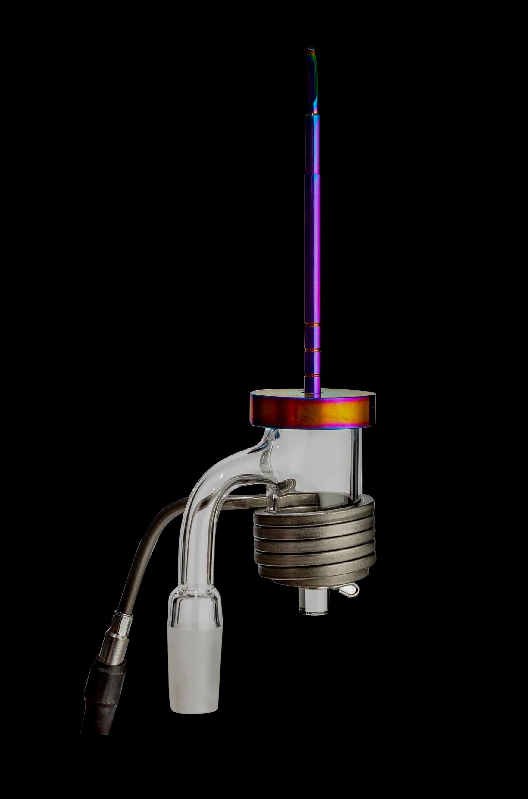 A colorful, glass cannabis concentrate dab rig with a coil heating element and bent neck.