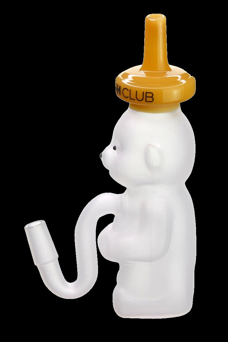 Glass bubbler shaped like a baby bottle with a bear face, featuring a curved mouthpiece.