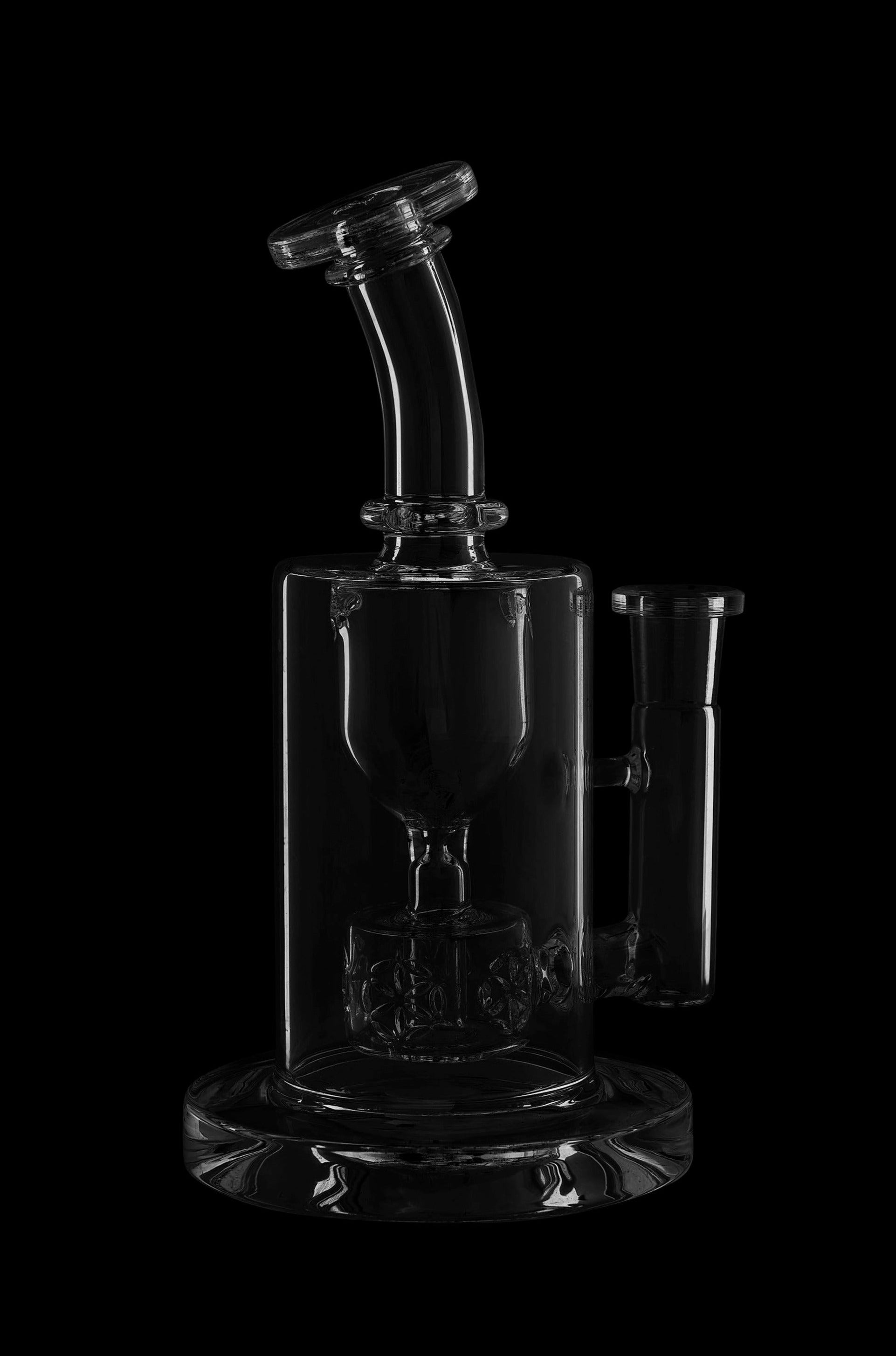 Clear glass water pipe (bong) with intricate percolator design, isolated on black.