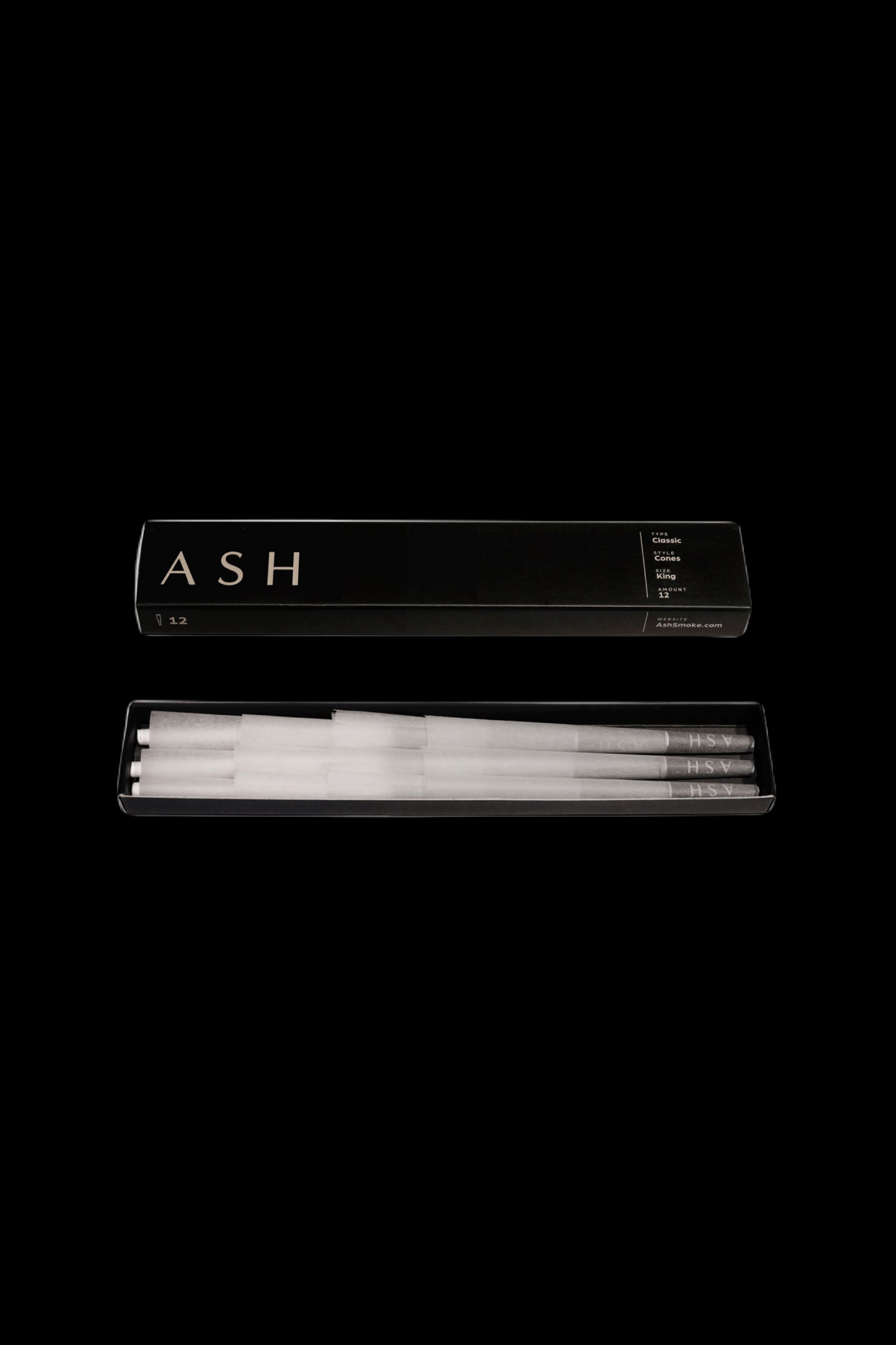 Pack of pre-rolled cannabis cones with minimalist black and white packaging, branded "ASH."