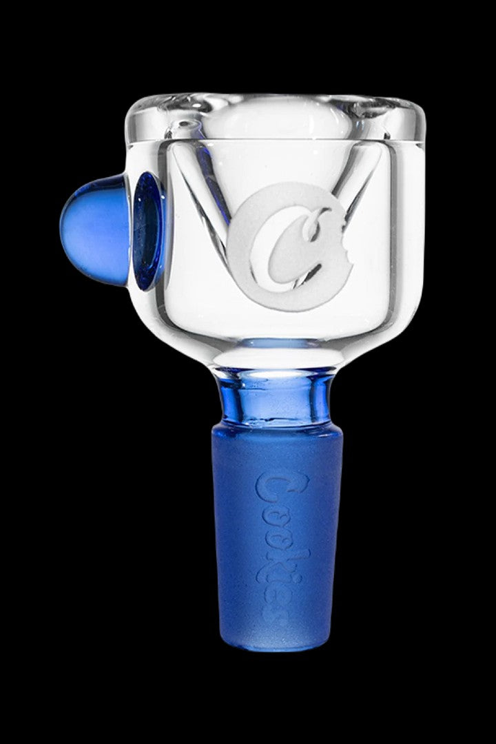 Blue and clear glass cannabis bowl with etched logo.