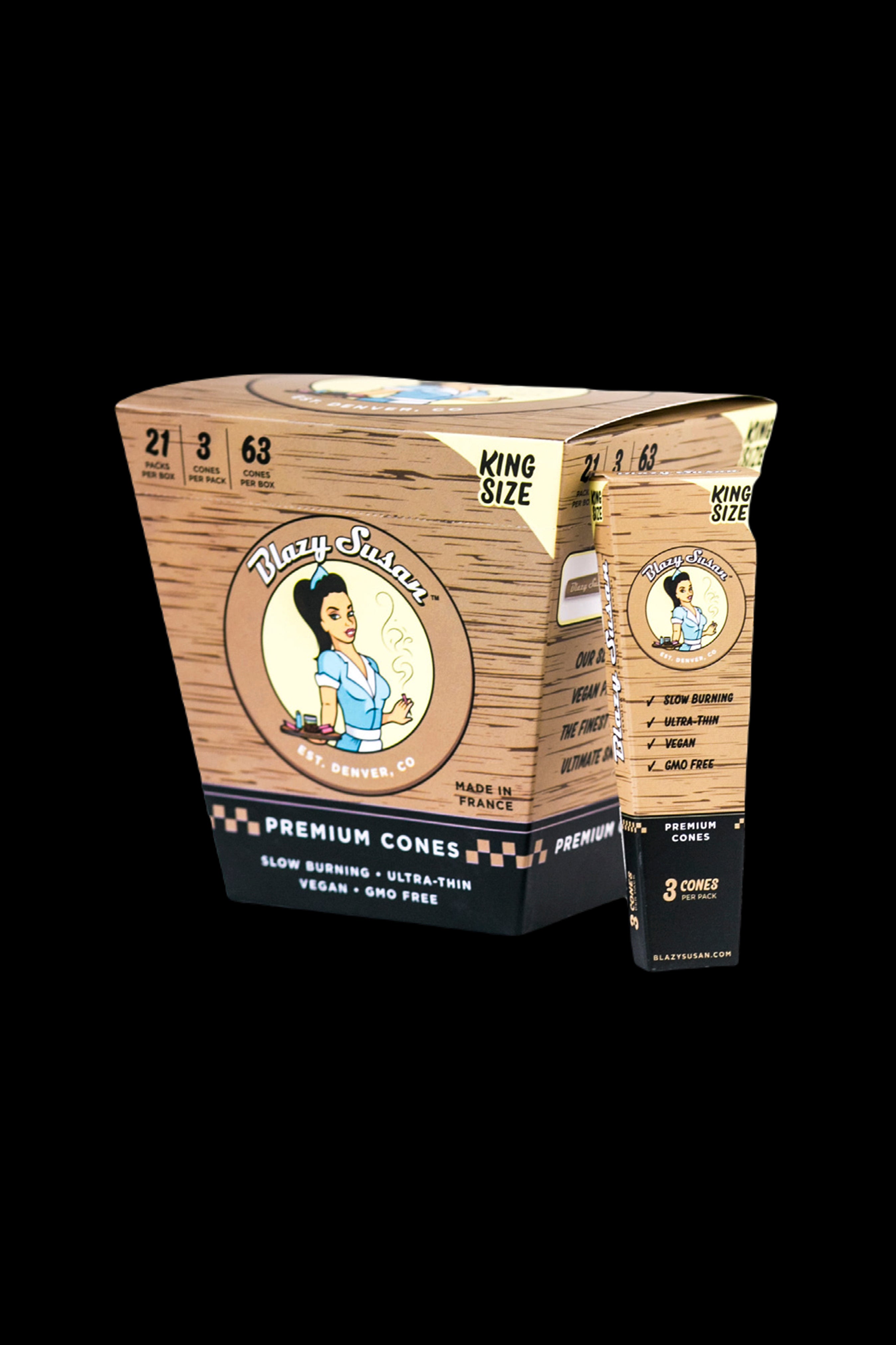 Close-up of two boxes of “Blazy Susan” premium king-size cannabis cones, featuring a vintage pin-up style illustration and details like “slow burning,” “vegan,” and “GMO free.”
