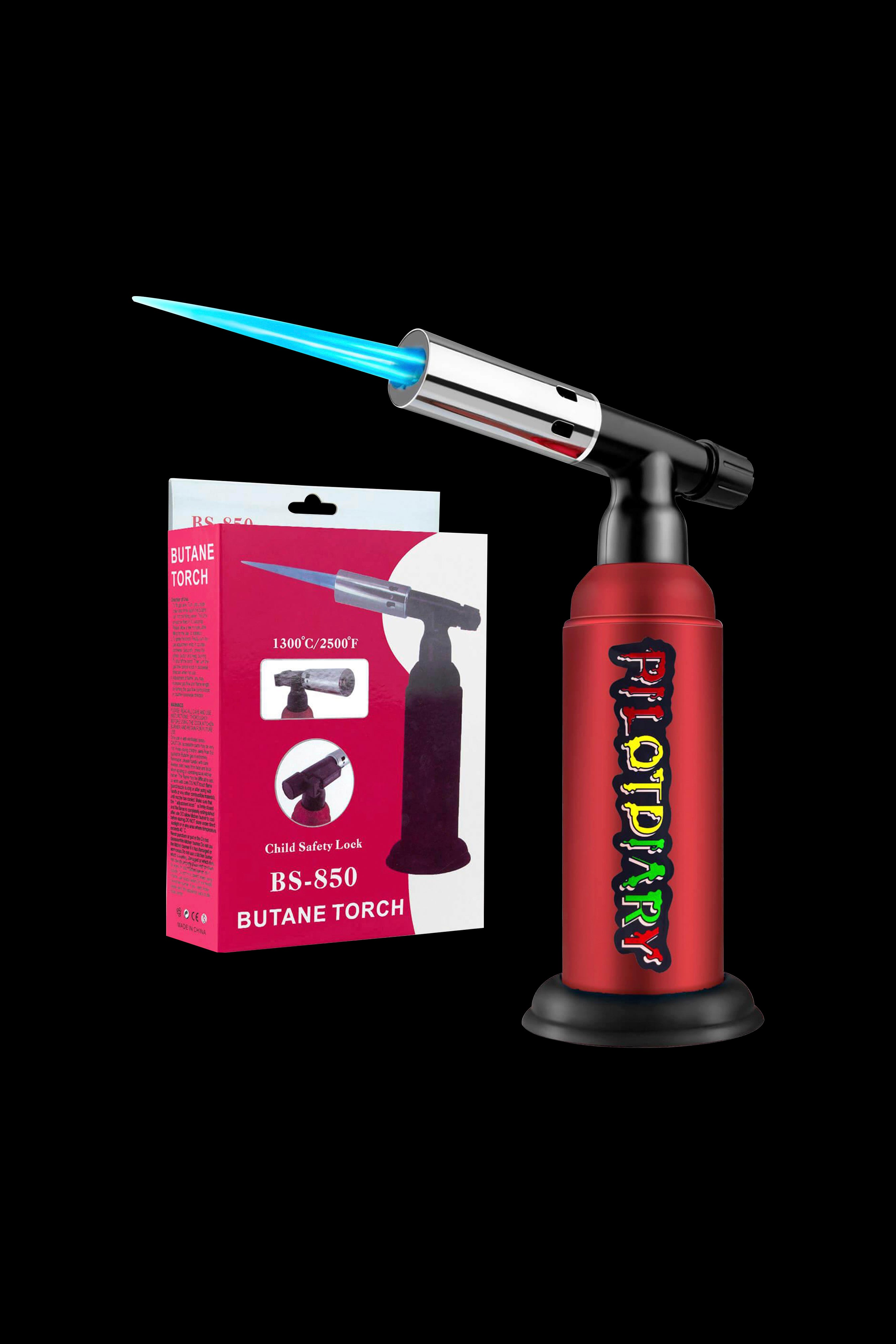 Red butane torch with blue flame, packaged in retail box, for dabbing cannabis concentrates.