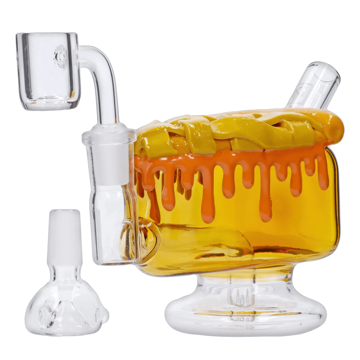 A front view of the "Give Danks" Smoking Box, featuring a transparent glass body with orange accents, illuminated against a white background.