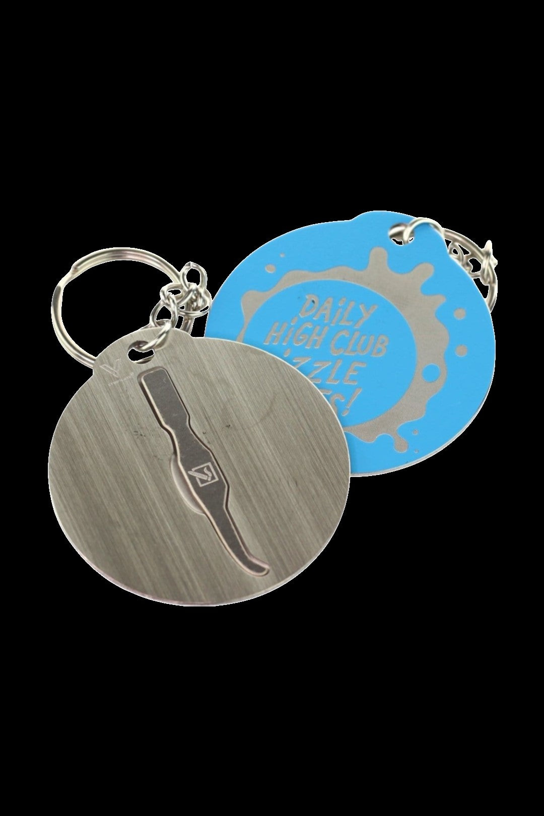 Metal keychain set with a cannabis leaf design on one tag and blue text reading “DAILY HIGH CLUB” on the other.
