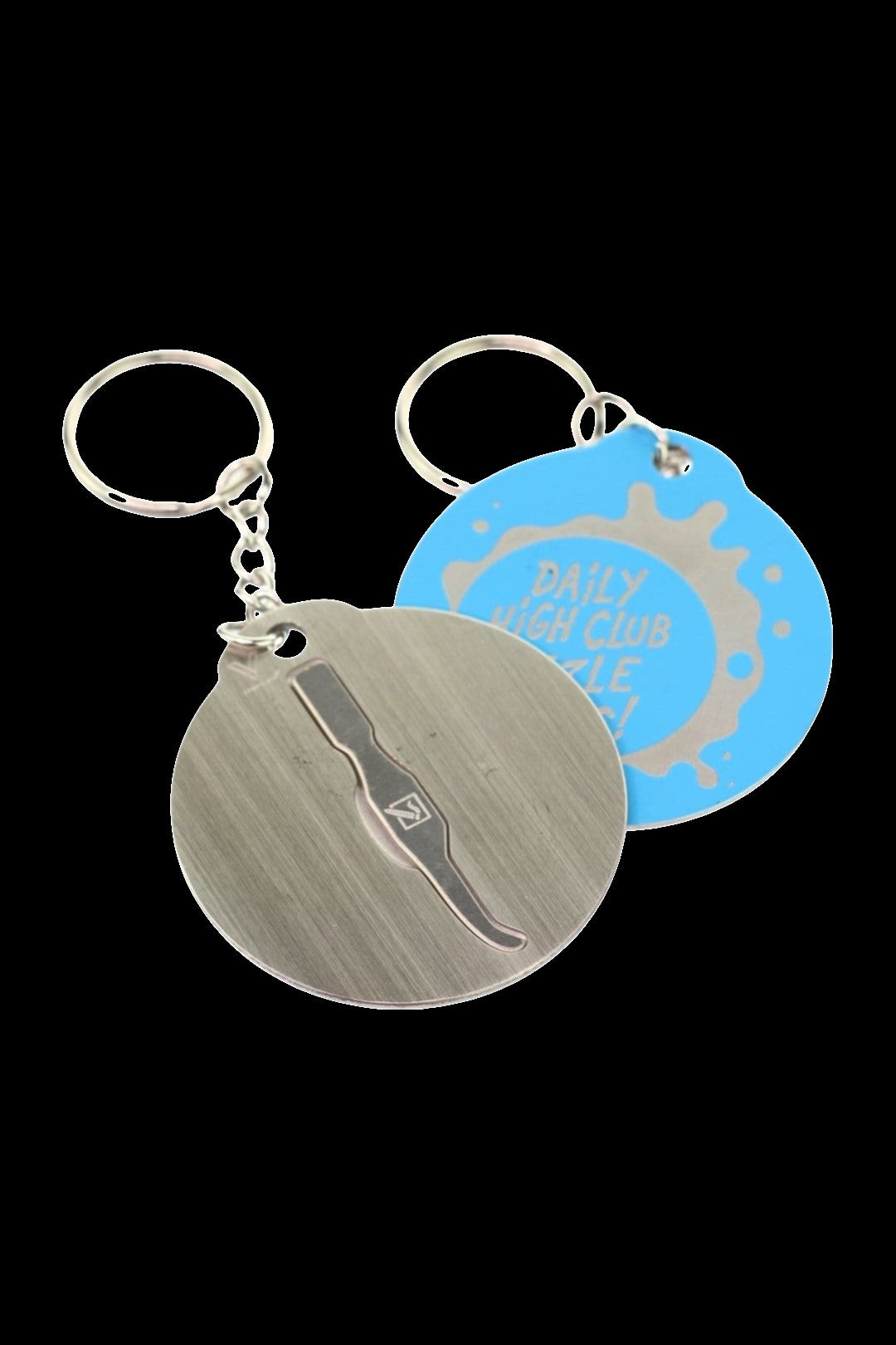 Two cannabis tool keychains, one bronze and one blue, featuring built-in dab tools and keyrings.