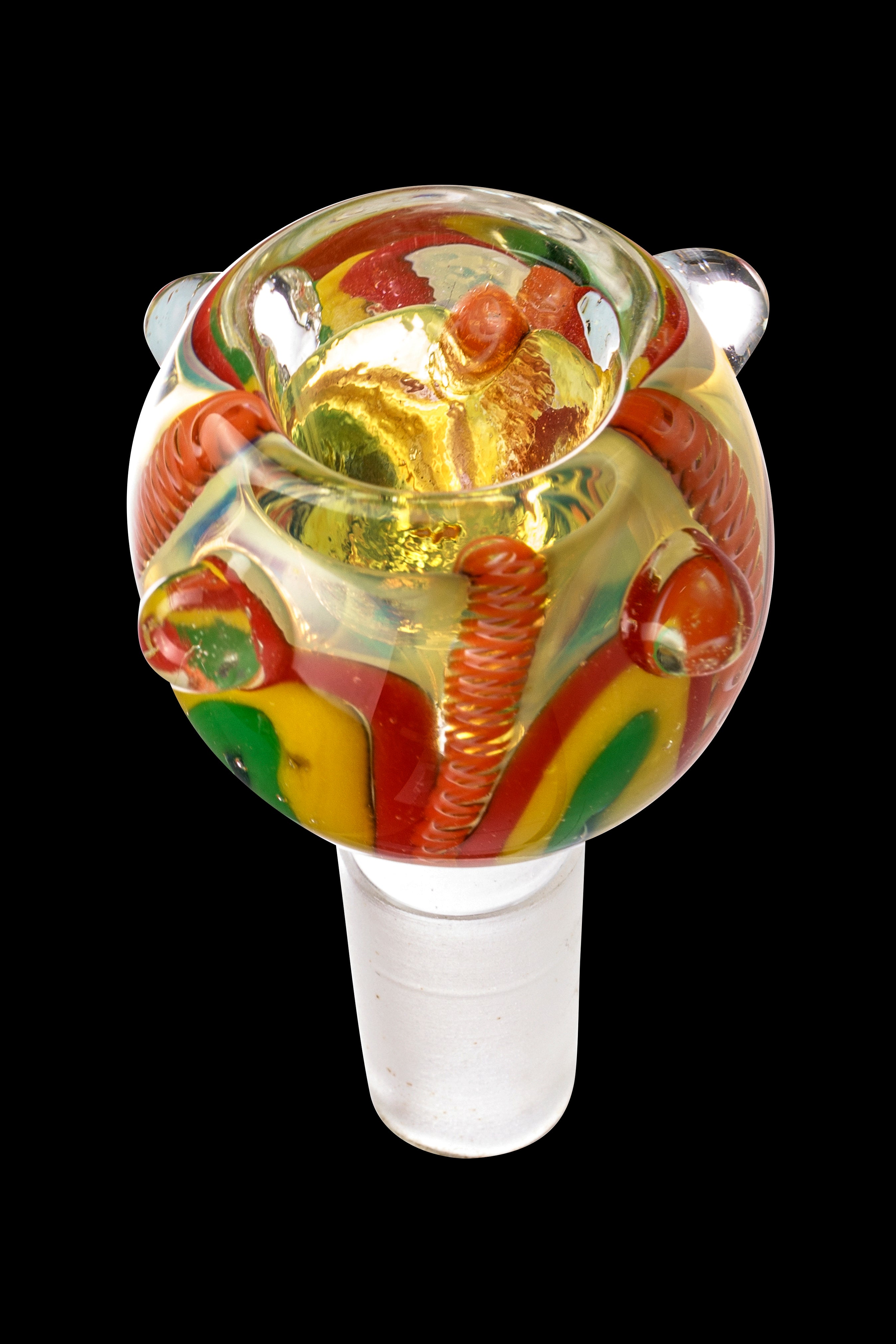 Hand-blown glass bowl with red, yellow, and green swirls, used for smoking cannabis.