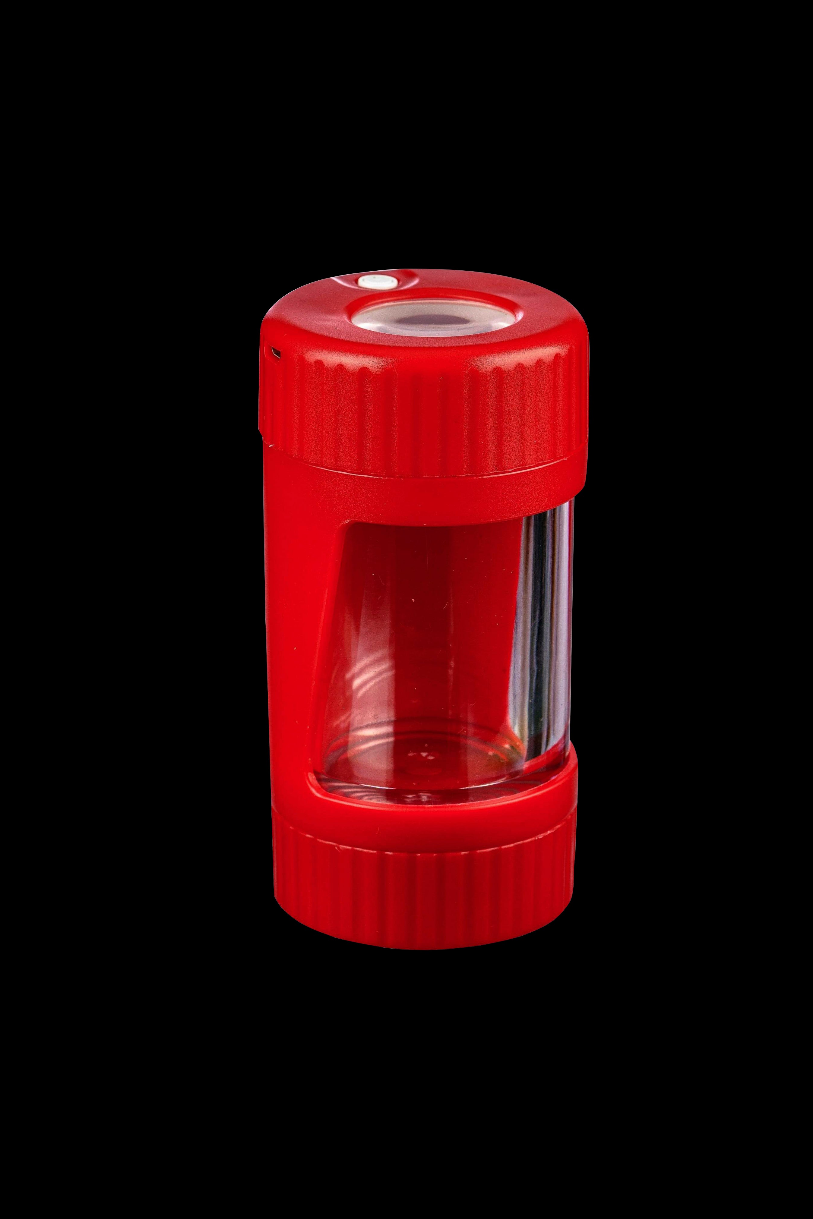 Red cannabis storage container with clear viewing window.