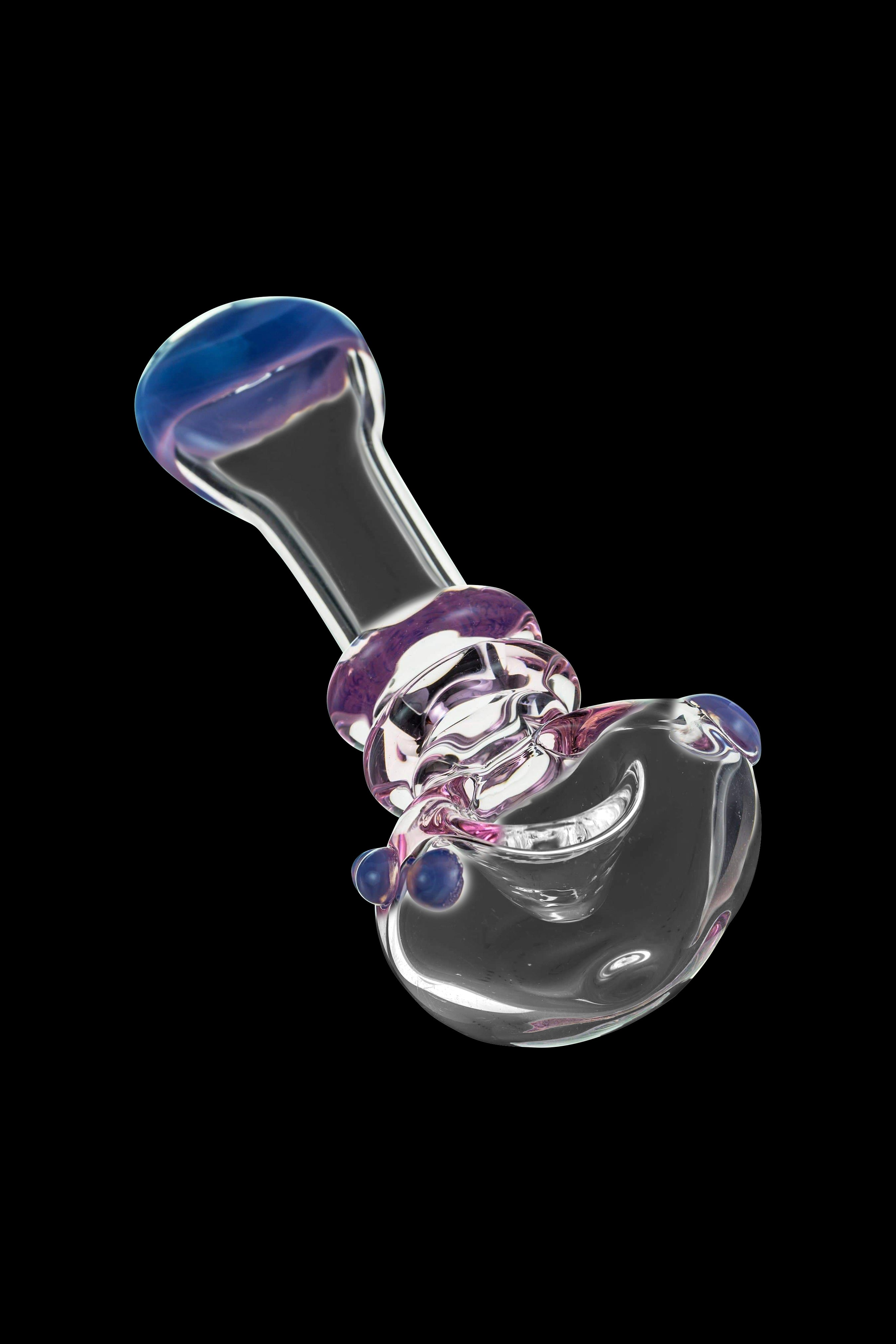 Glass cannabis pipe with purple and iridescent accents.
