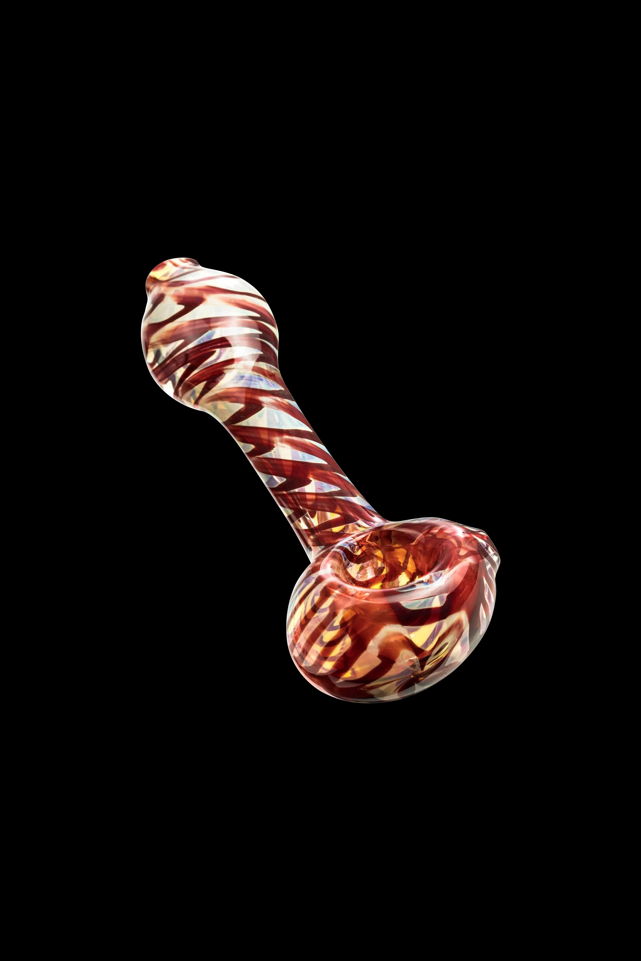 Glass pipe with red, white, and brown swirling patterns on a black background.