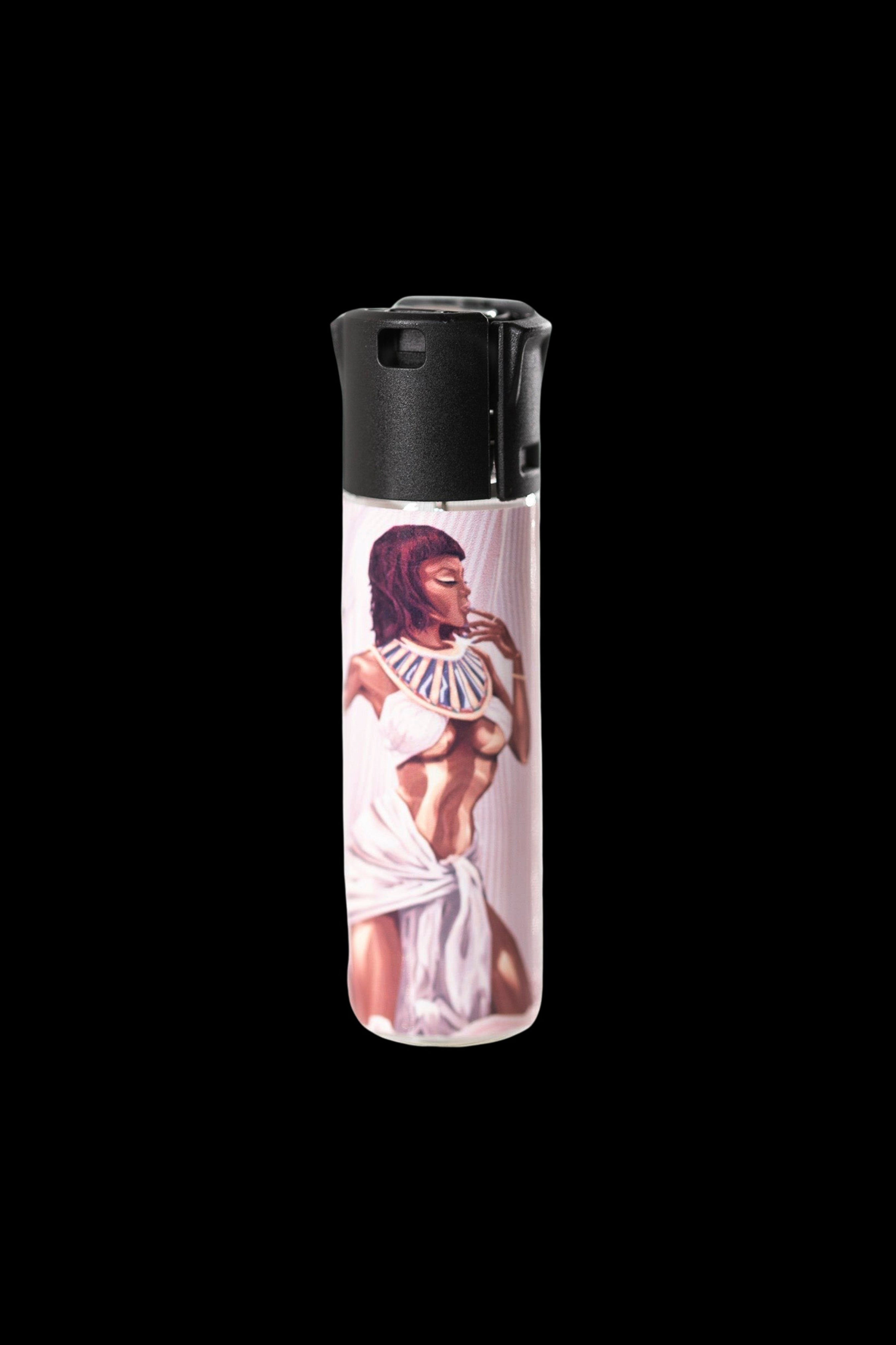 A butane lighter featuring an artistic depiction of a woman in Egyptian attire.