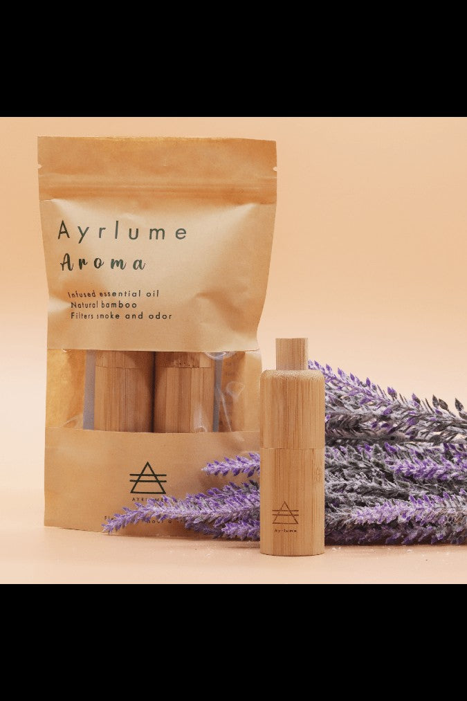 AyrLume Aroma packaging with bamboo odor filters and lavender buds.
