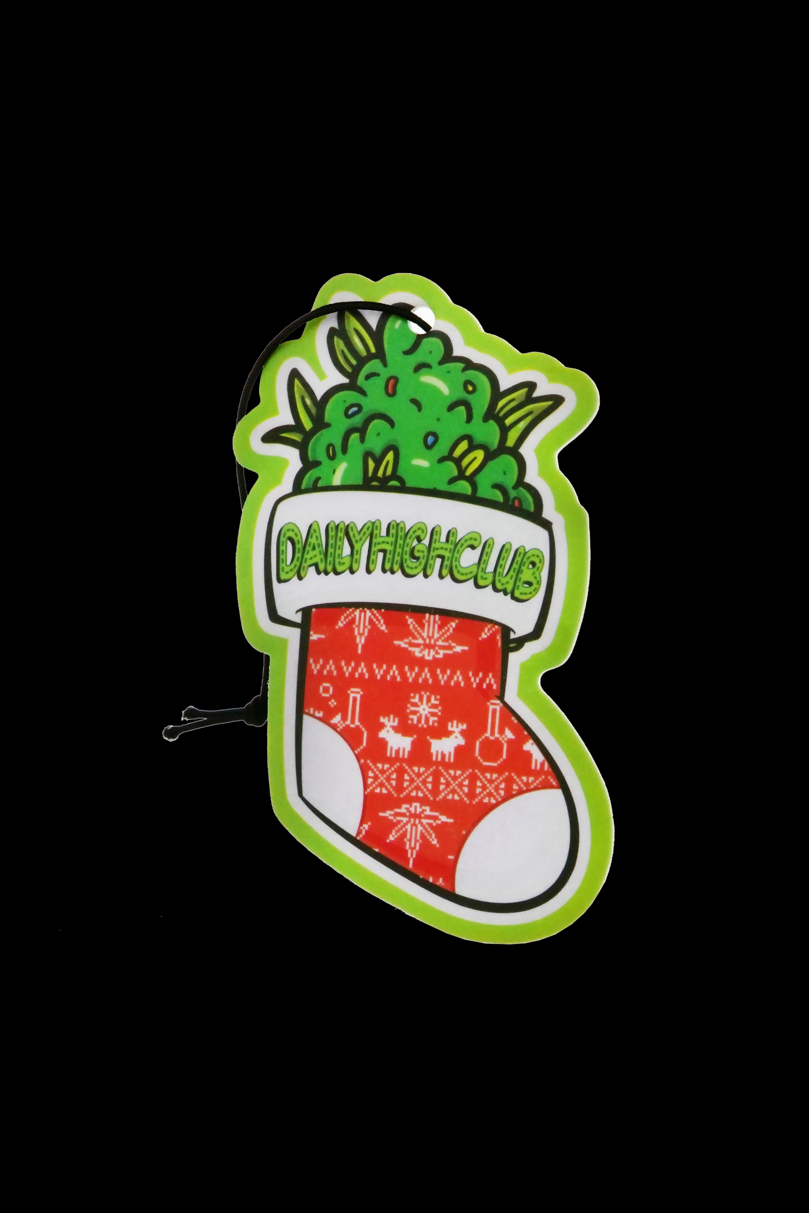 A festive, cannabis-themed sticker featuring a red and white patterned Christmas stocking overflowing with marijuana buds and a rolling paper, branded with “DAILY HIGH CLUB” in green lettering.
