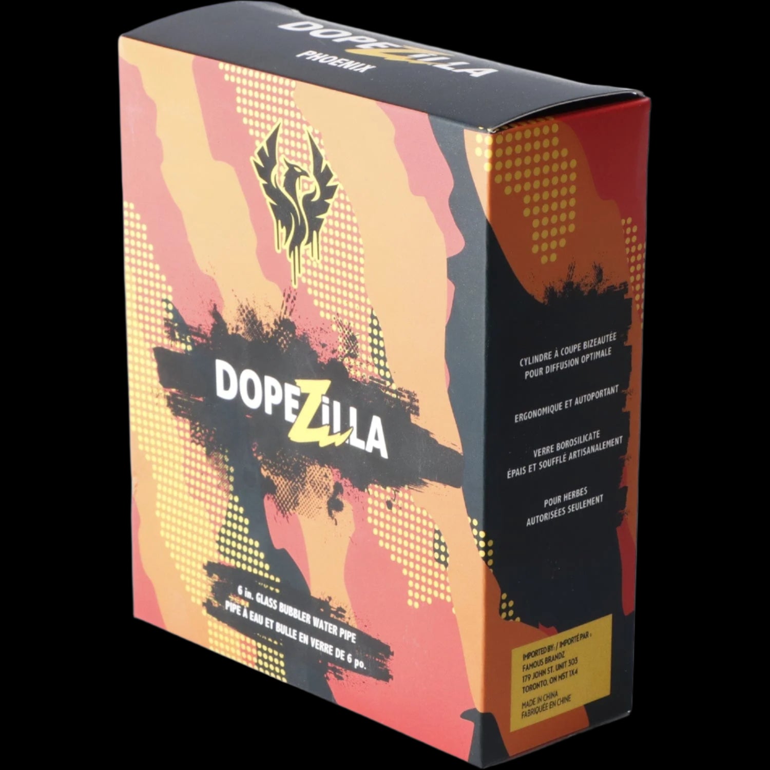 A colorful box for a “Dopezilla” 6-inch glass bubbler water pipe, featuring a phoenix design and French text.