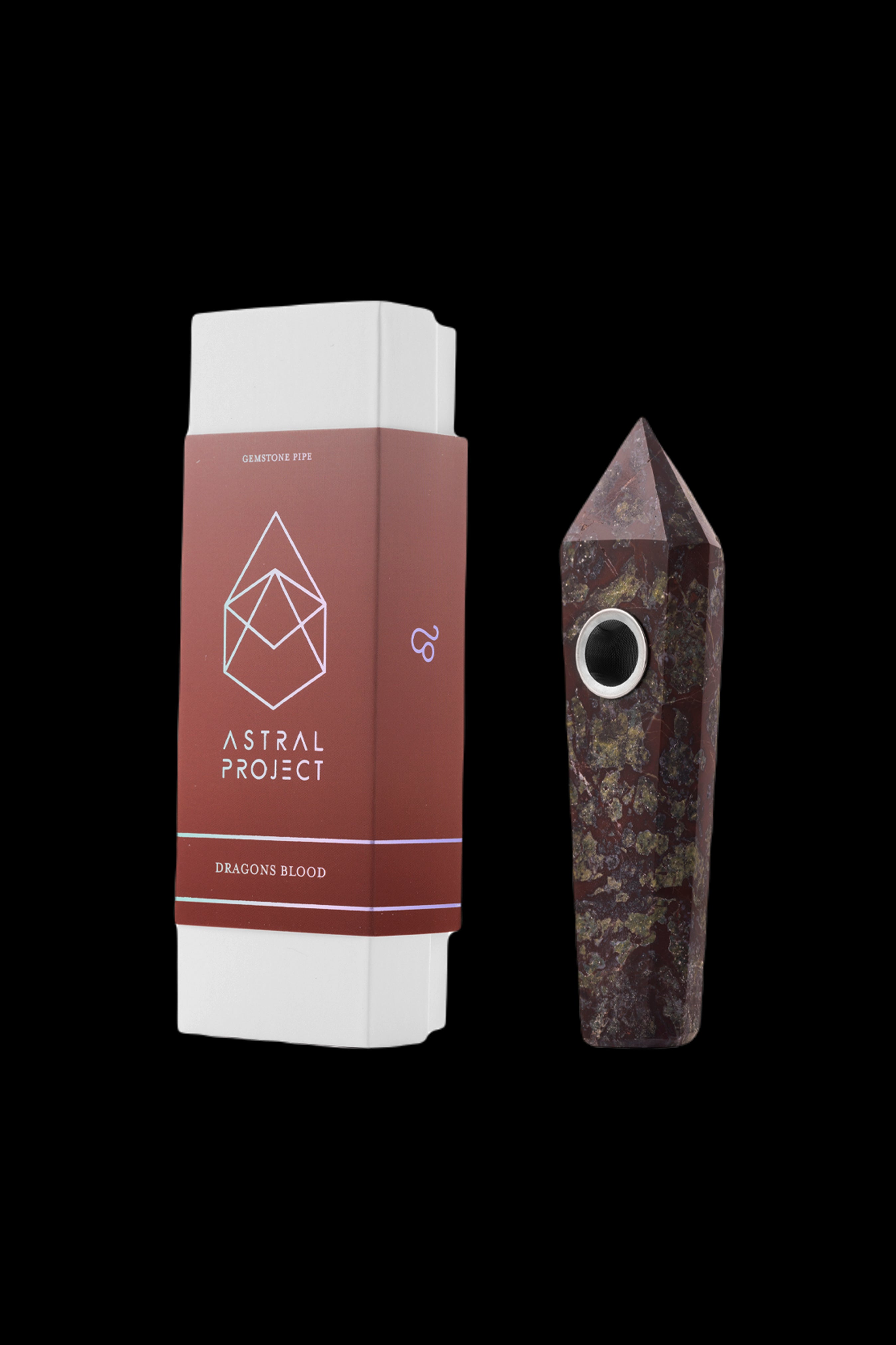 Astral Project Dragons Blood gemstone pipe in its packaging, isolated on a black background.