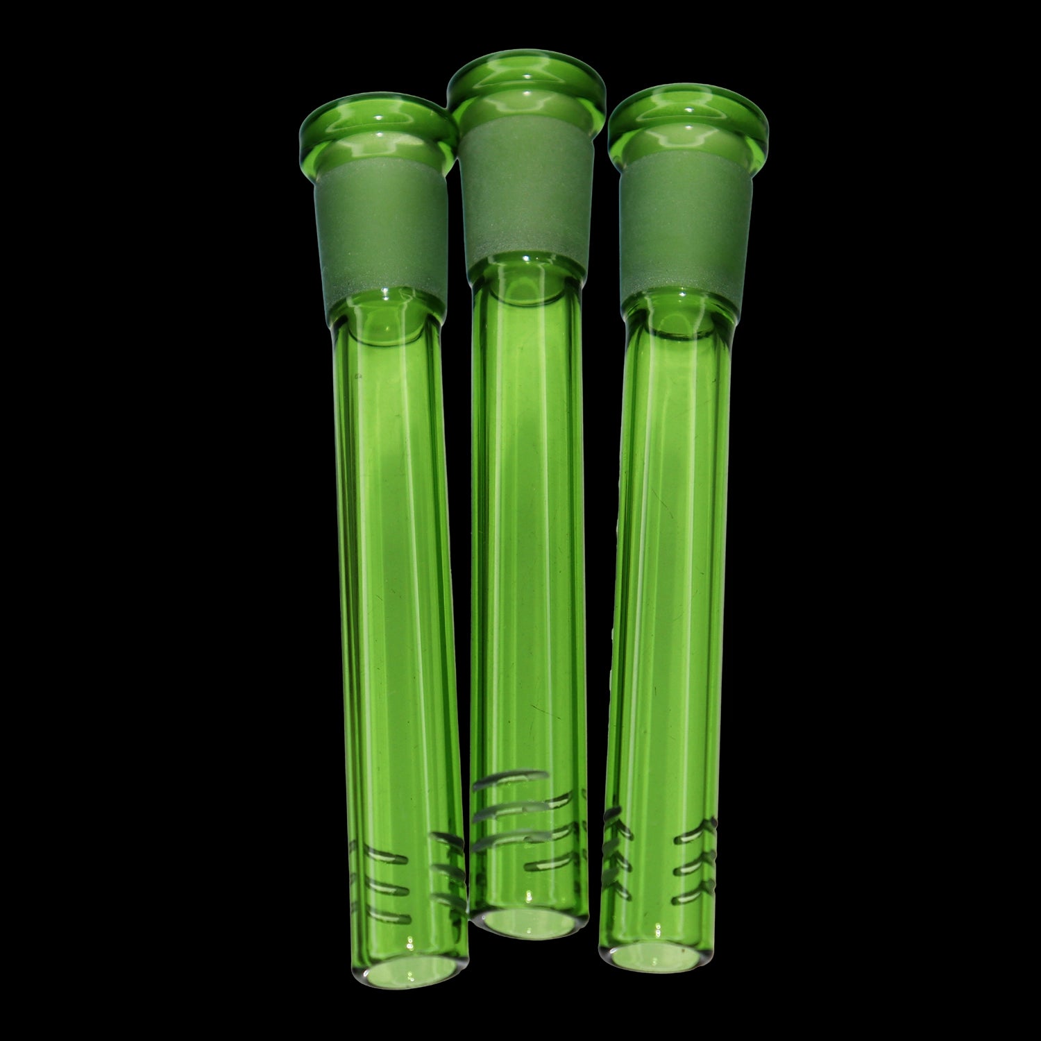 Close-up front view of three green Smoke Cartel Color Diffused Downstem - 3.5 in. pieces aligned vertically against a black background.