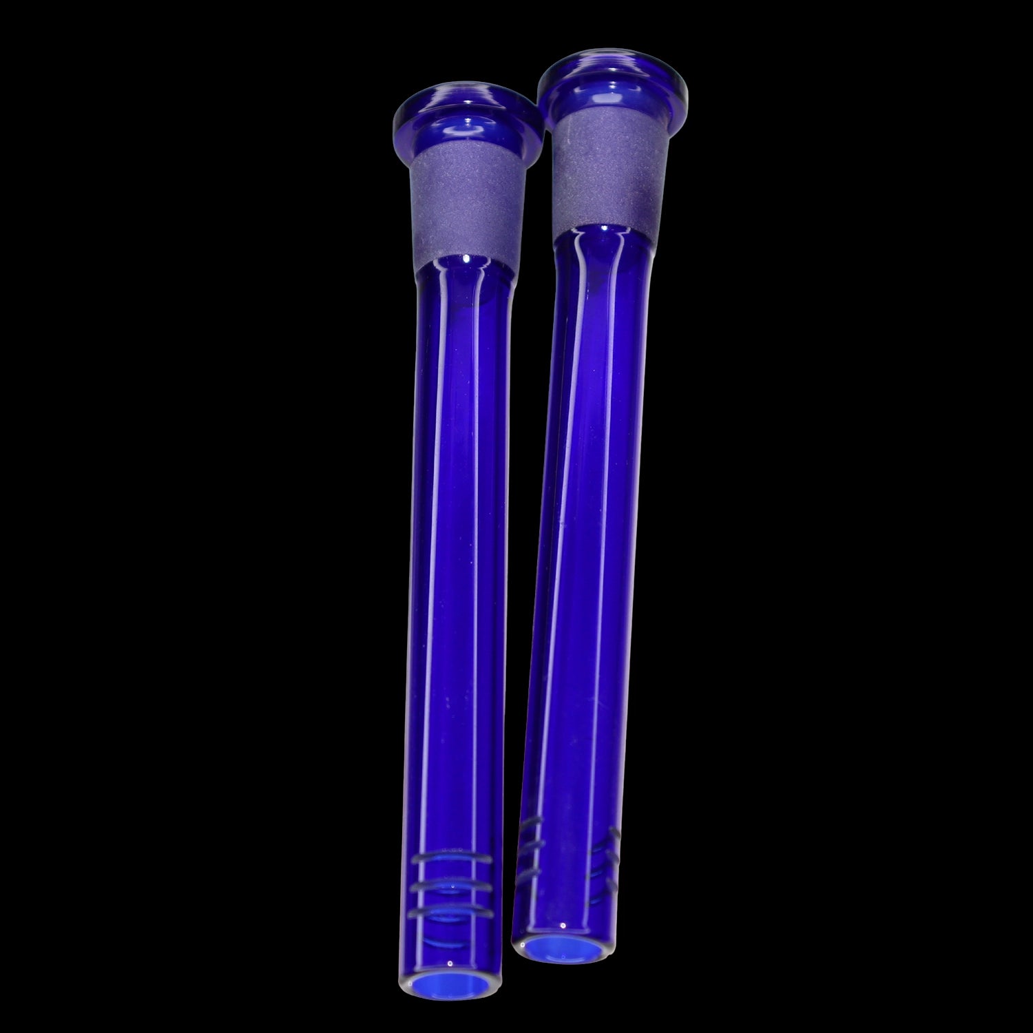 Close-up of two blue Smoke Cartel Color Diffused Downstem - 4.5 in. tubes shown vertically against a black background, lit from front.