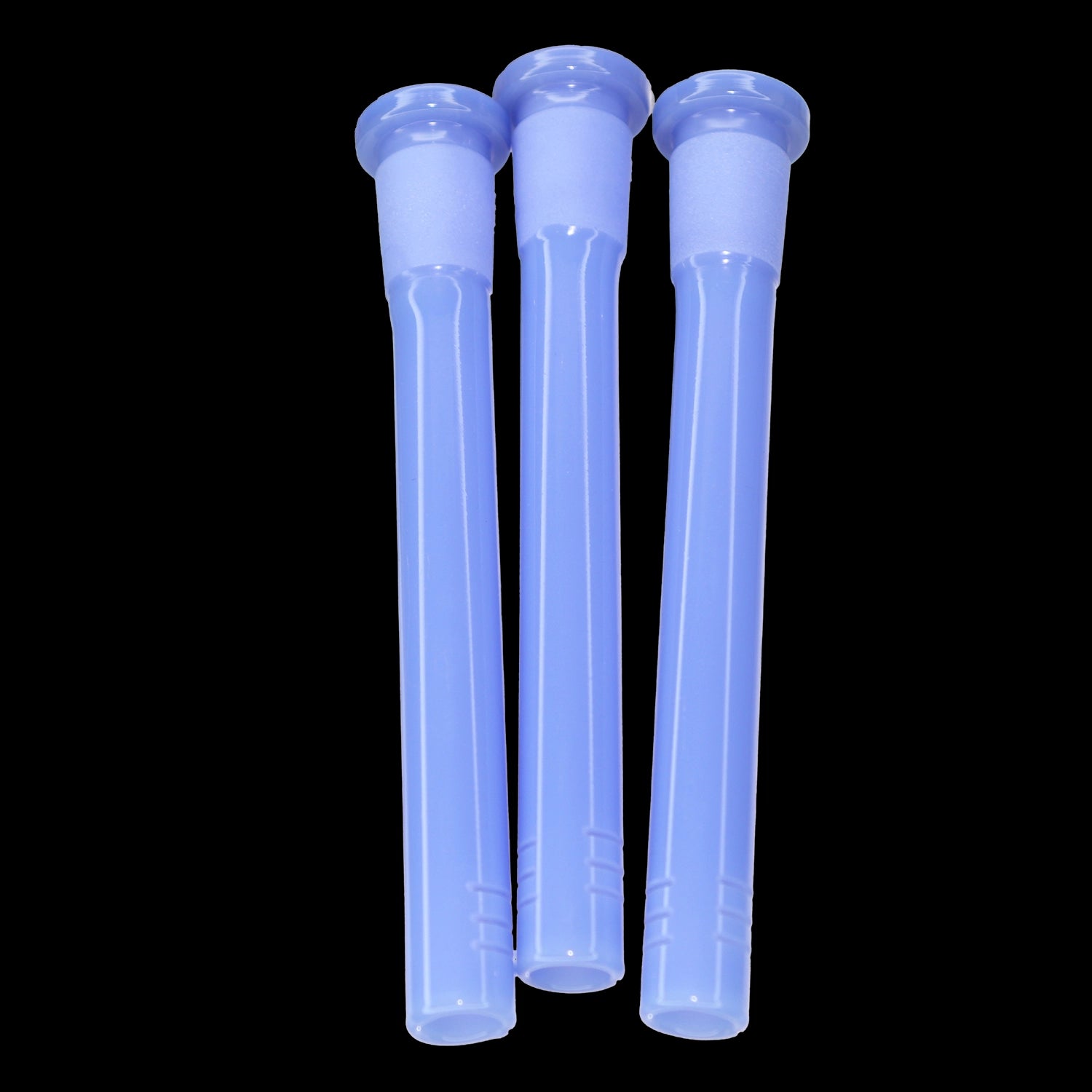 Close-up front view of three light blue Smoke Cartel Color Diffused Downstem - 4.5 in. tubes against a black background