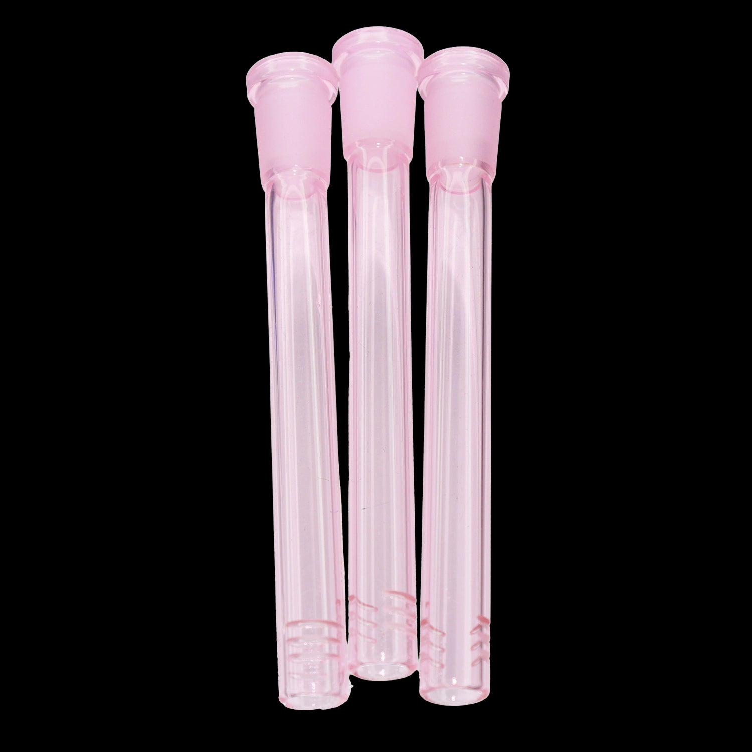 Close-up front view of three teal Smoke Cartel Color Diffused Downstem - 5 in. glass tubes aligned vertically against a black background.