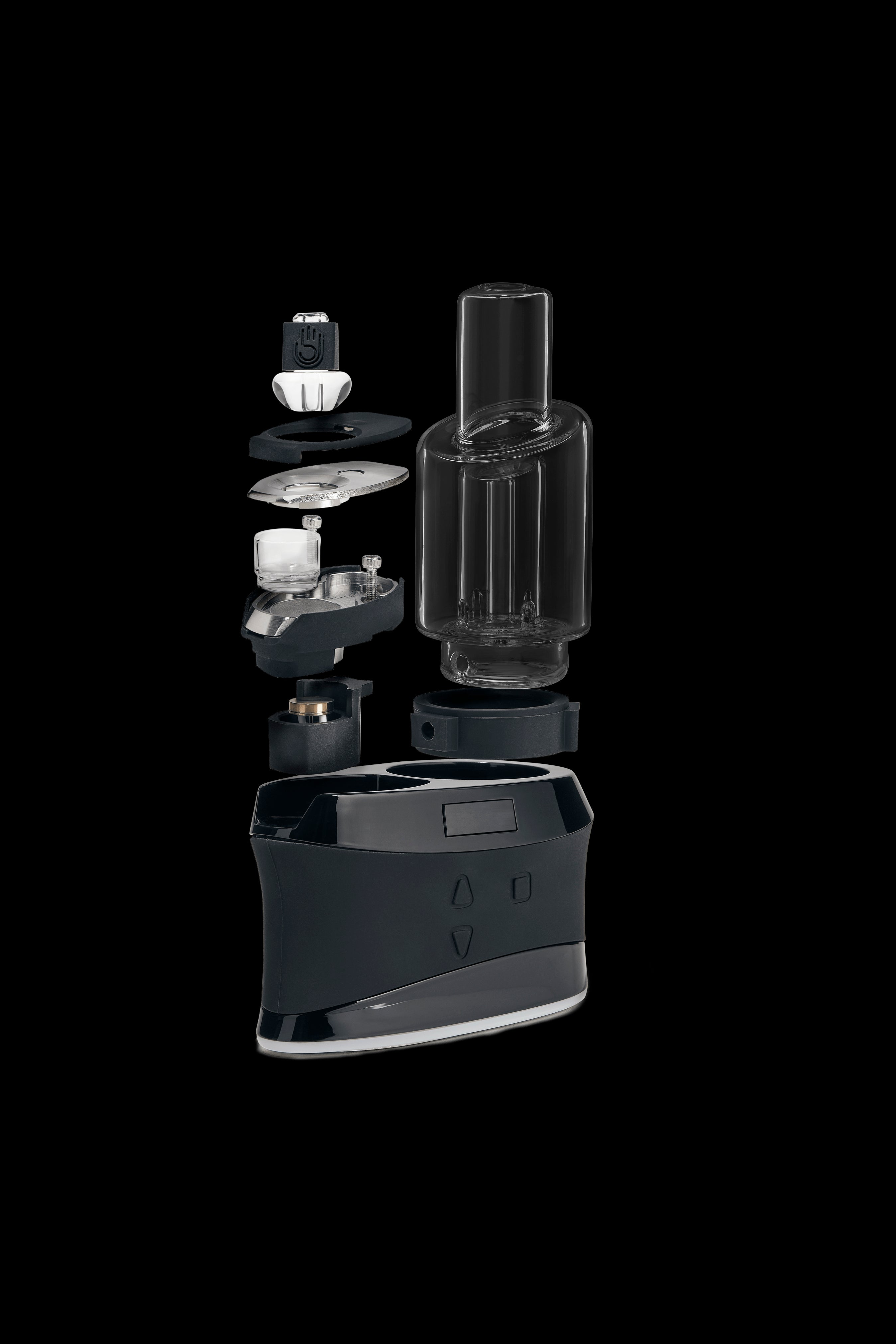 Exploded view of a black cannabis e-rig vaporizer with glass bubbler attachment, showcasing internal components.