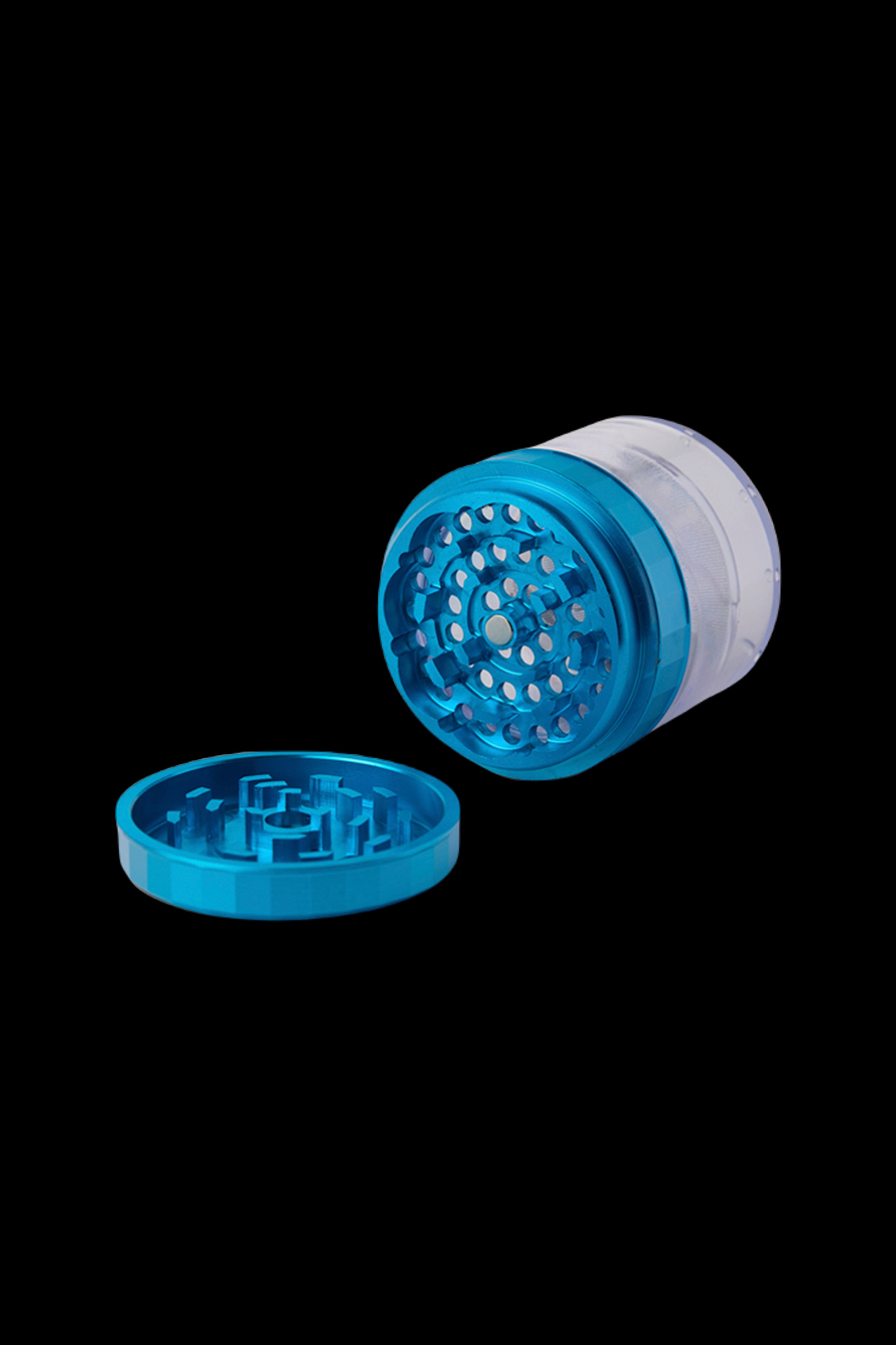 Blue cannabis grinder, open with two pieces separated.