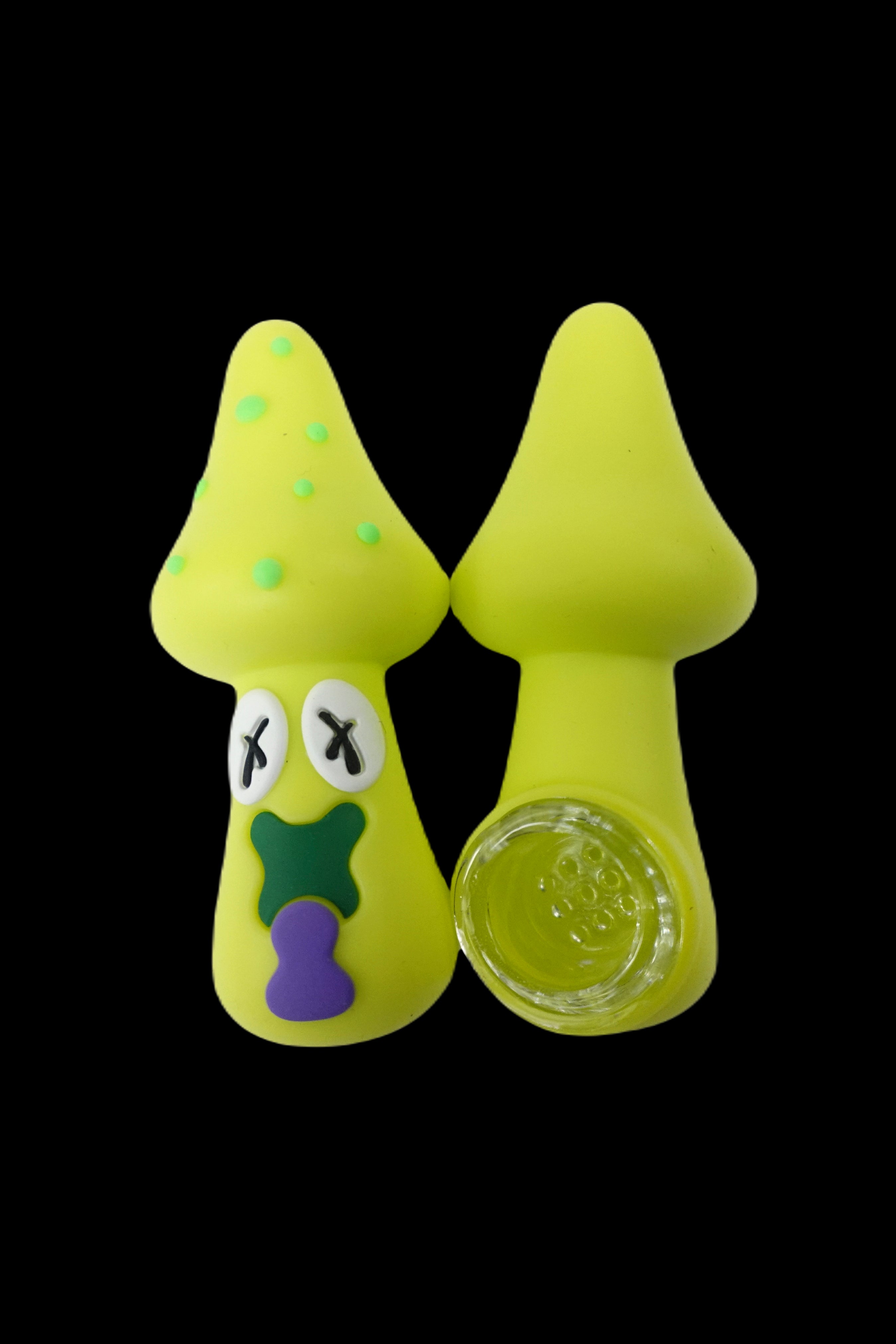 Yellow silicone cannabis pipe shaped like a mushroom with a cartoon face.