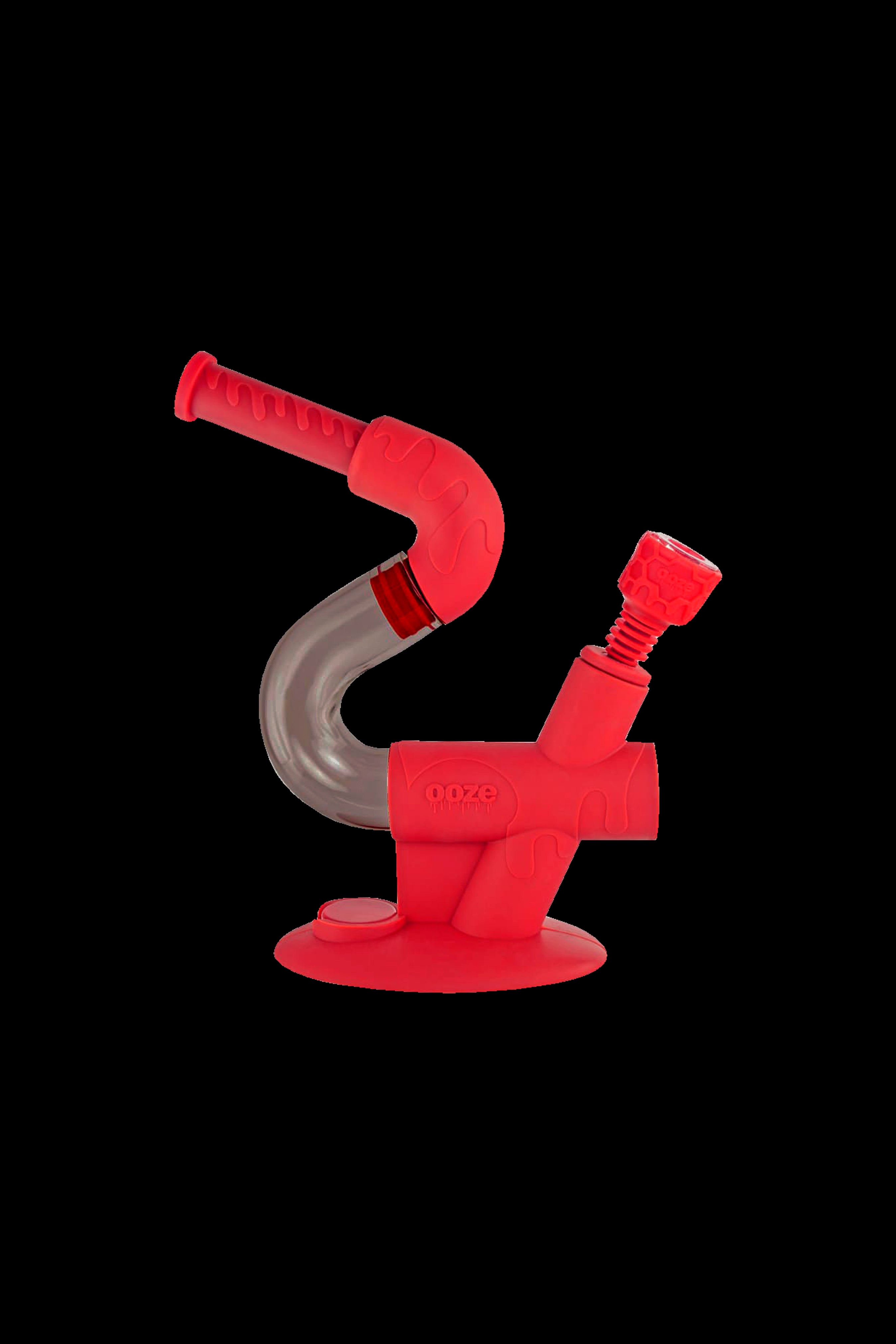 Red glass bubbler with a looped neck and circular base.