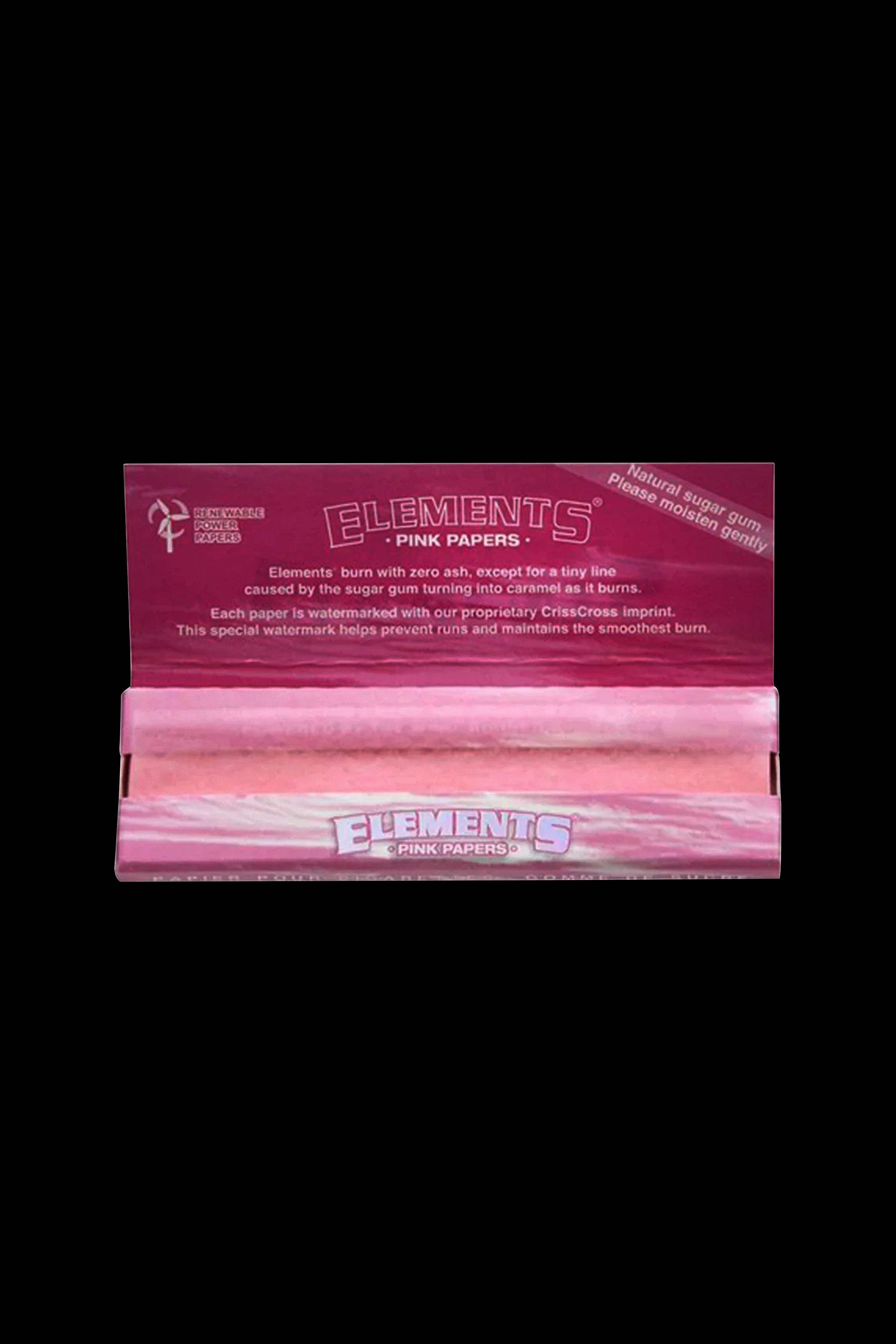 Pack of pink “Elements” rolling papers with text detailing burn quality and sugar gum.