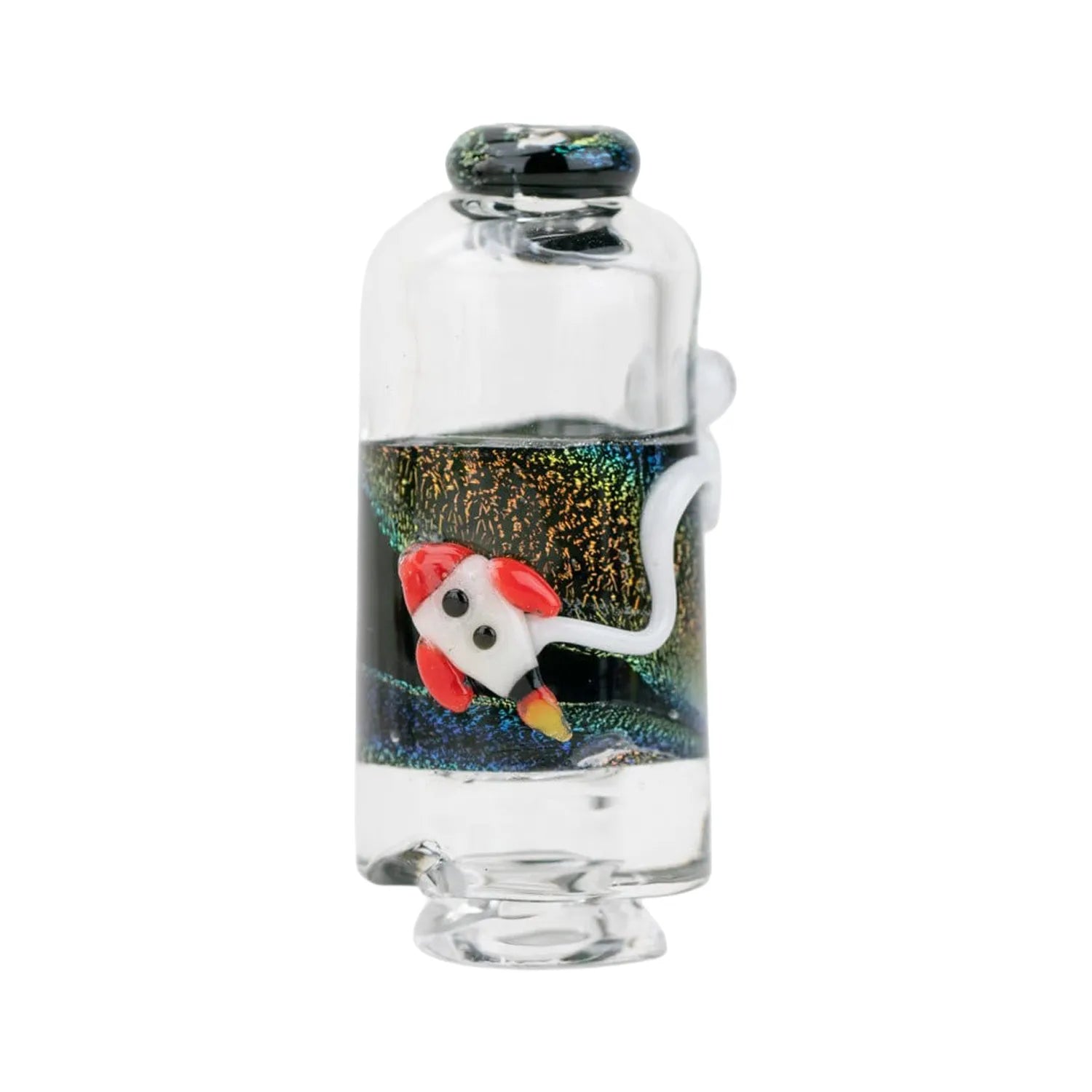 Close-up front view of the Empire Glassworks Puffco Pivot Glass Mouthpiece - Across the Universe showing a clear glass cylinder with iridescent dark band and a small red-and-white rocket décor.