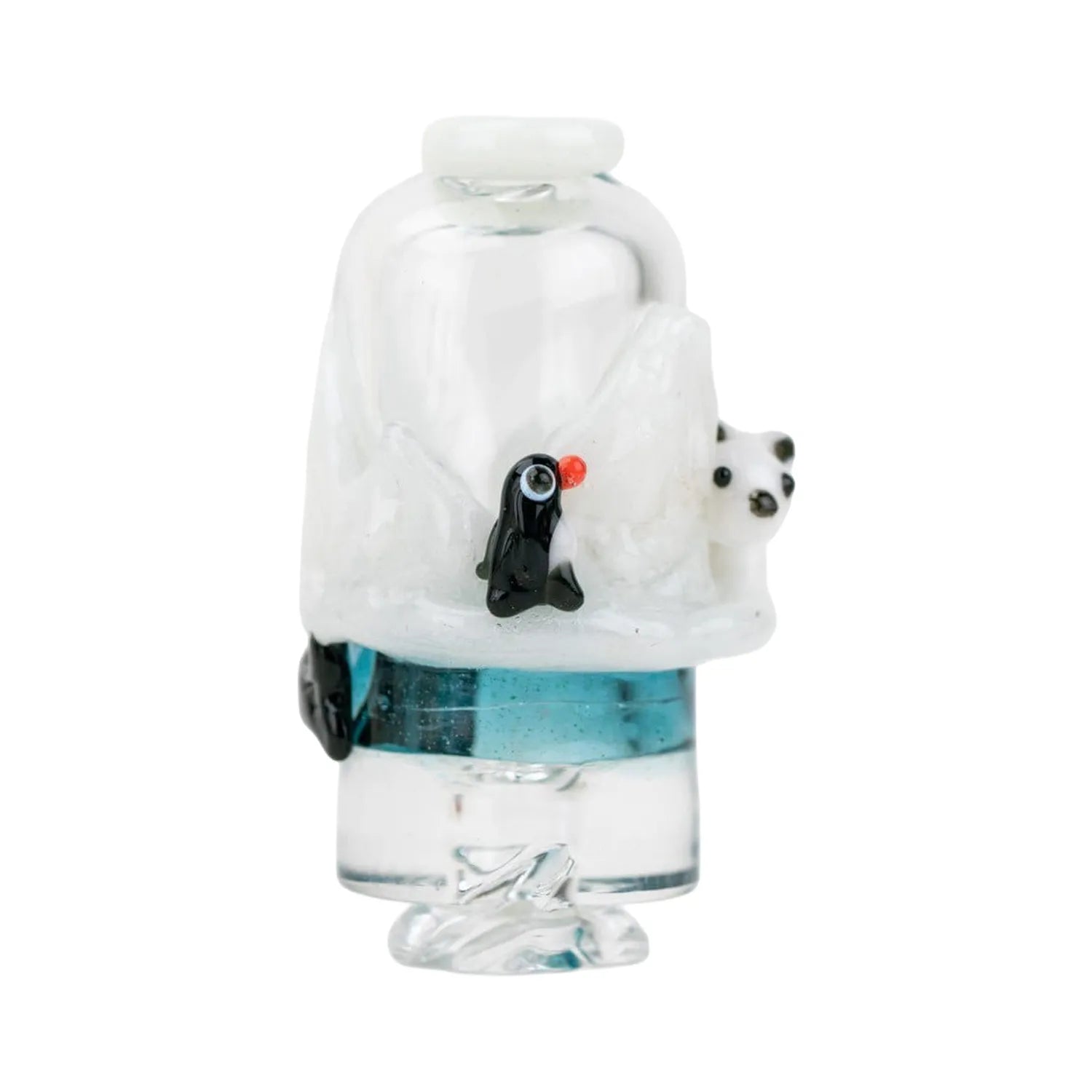 Close-up front view of the Empire Glassworks Puffco Pivot Glass Mouthpiece - Avenge the Arctic showing a white snowy sculpt with a tiny black penguin and a small polar bear peeking from the side.