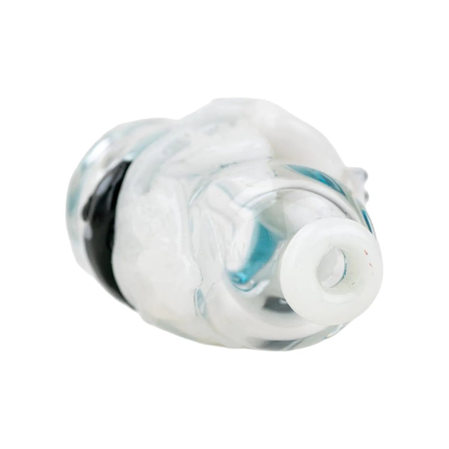Close-up angled view of the Empire Glassworks Puffco Pivot Glass Mouthpiece - Avenge the Arctic showing a white-rimmed glass opening and swirled pale blue and white glass details.