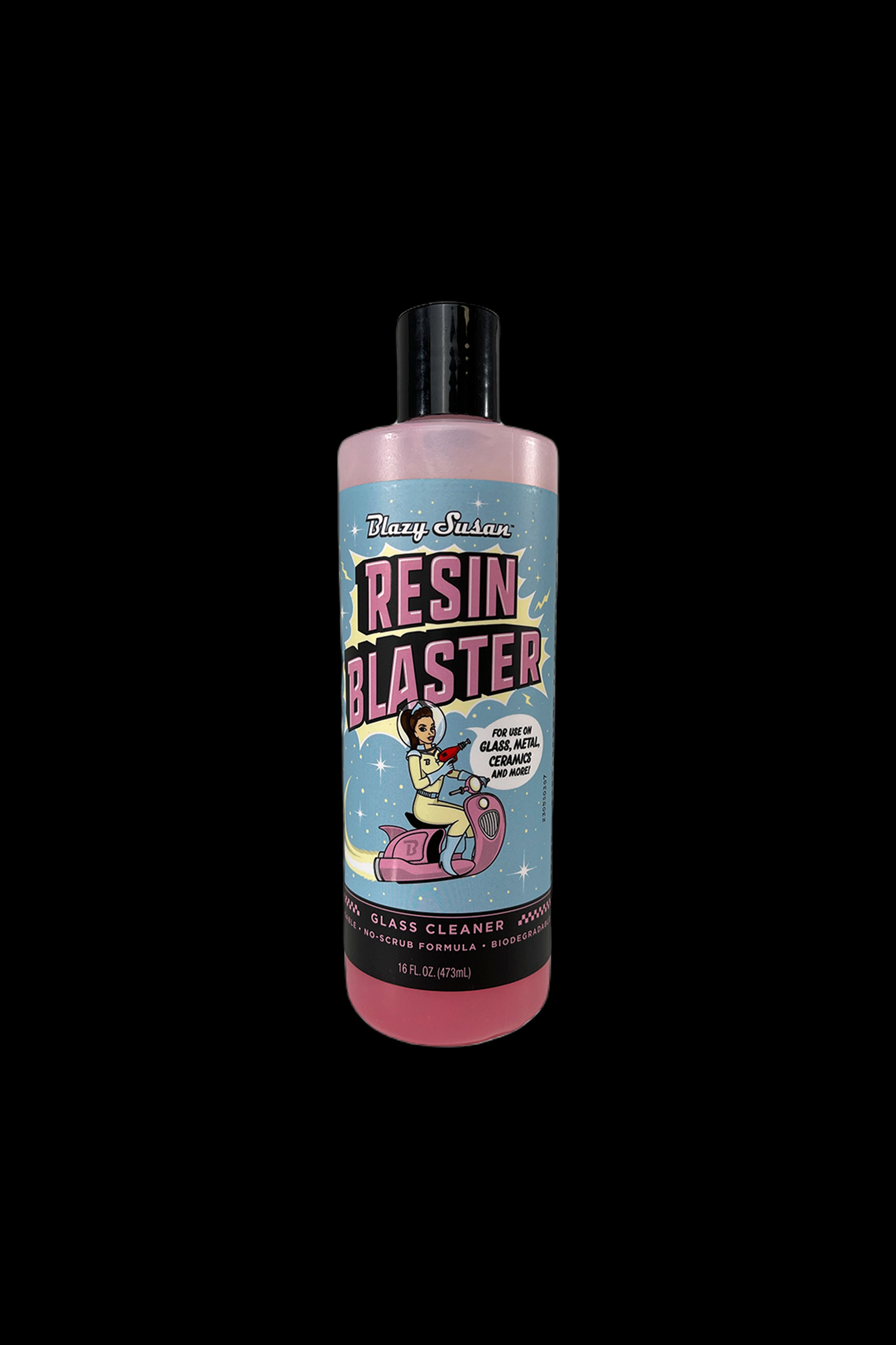Pink bottle of "Blazy Susan Resin Blaster" glass cleaner with retro cartoon illustration.