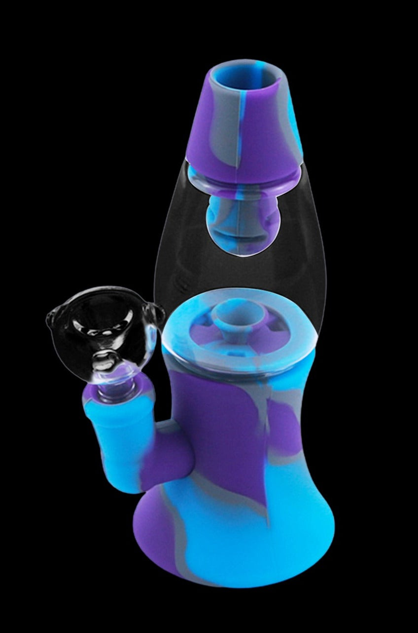 Blue and purple silicone water pipe with glass bowl.