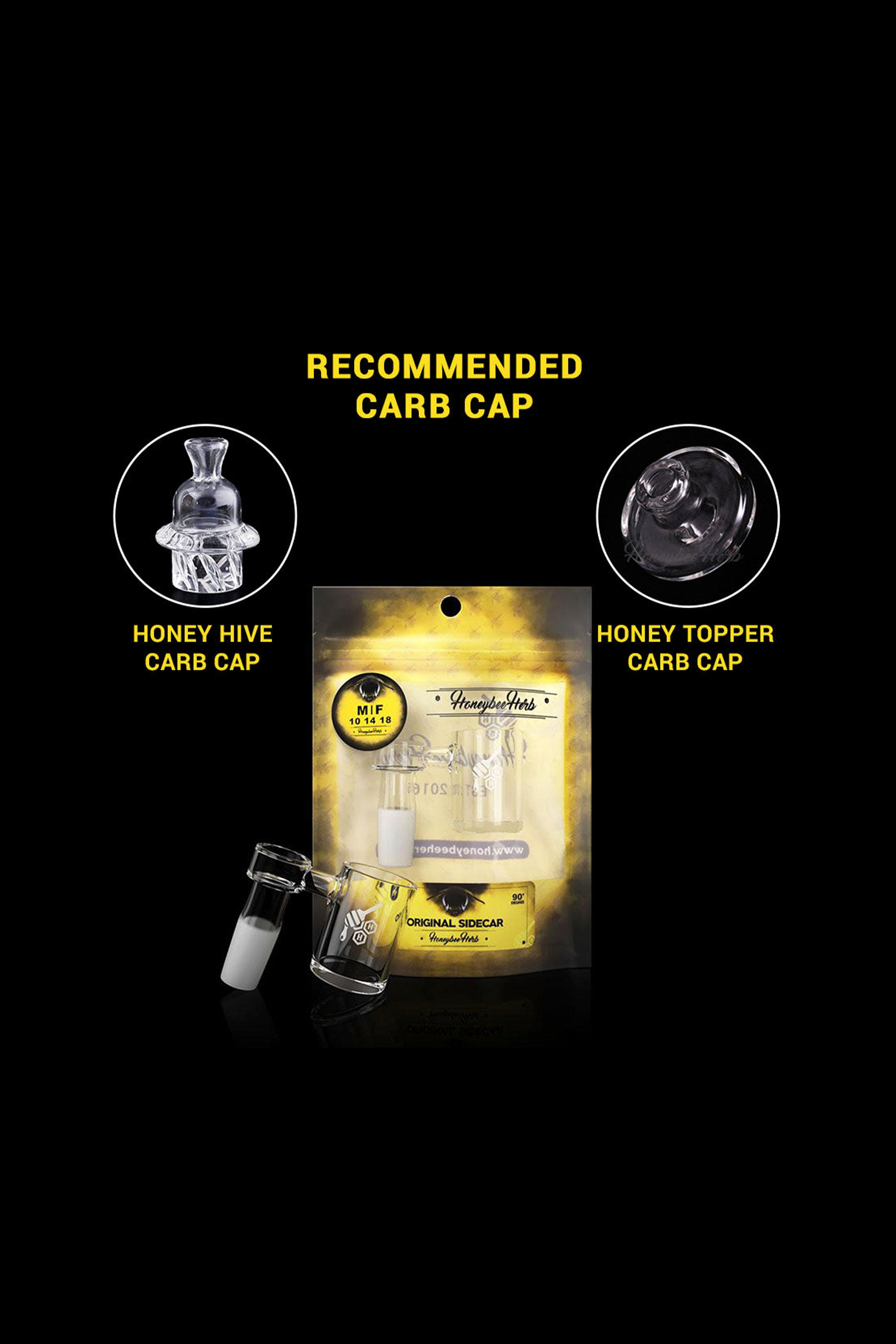 Product display of Honeybee Herb's carb caps and “Original Sidecar” dab rig accessory, including “Honey Hive” and “Honey Topper” carb cap options.